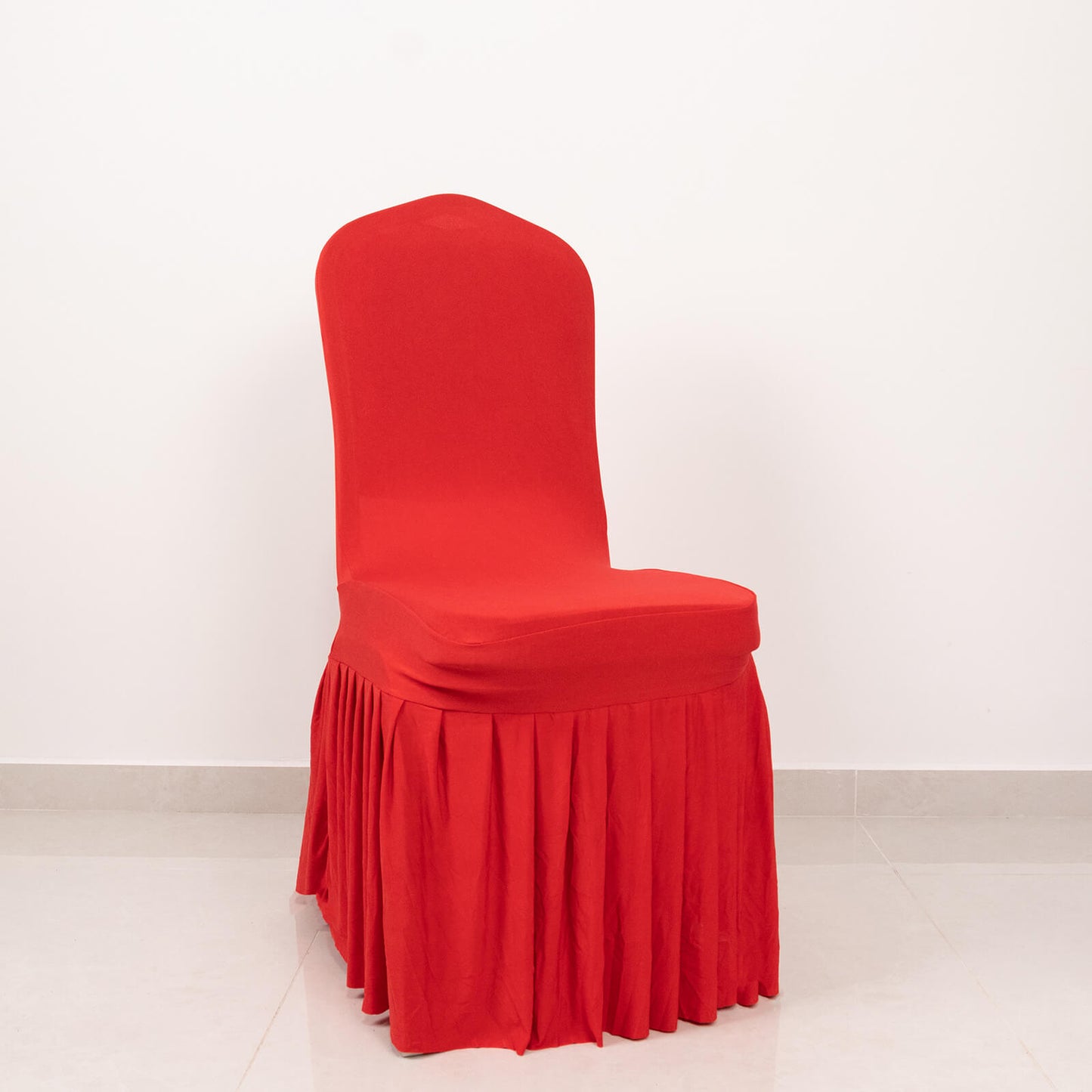 Red ruffle pleated banquet chair slipcover in stretch spandex.