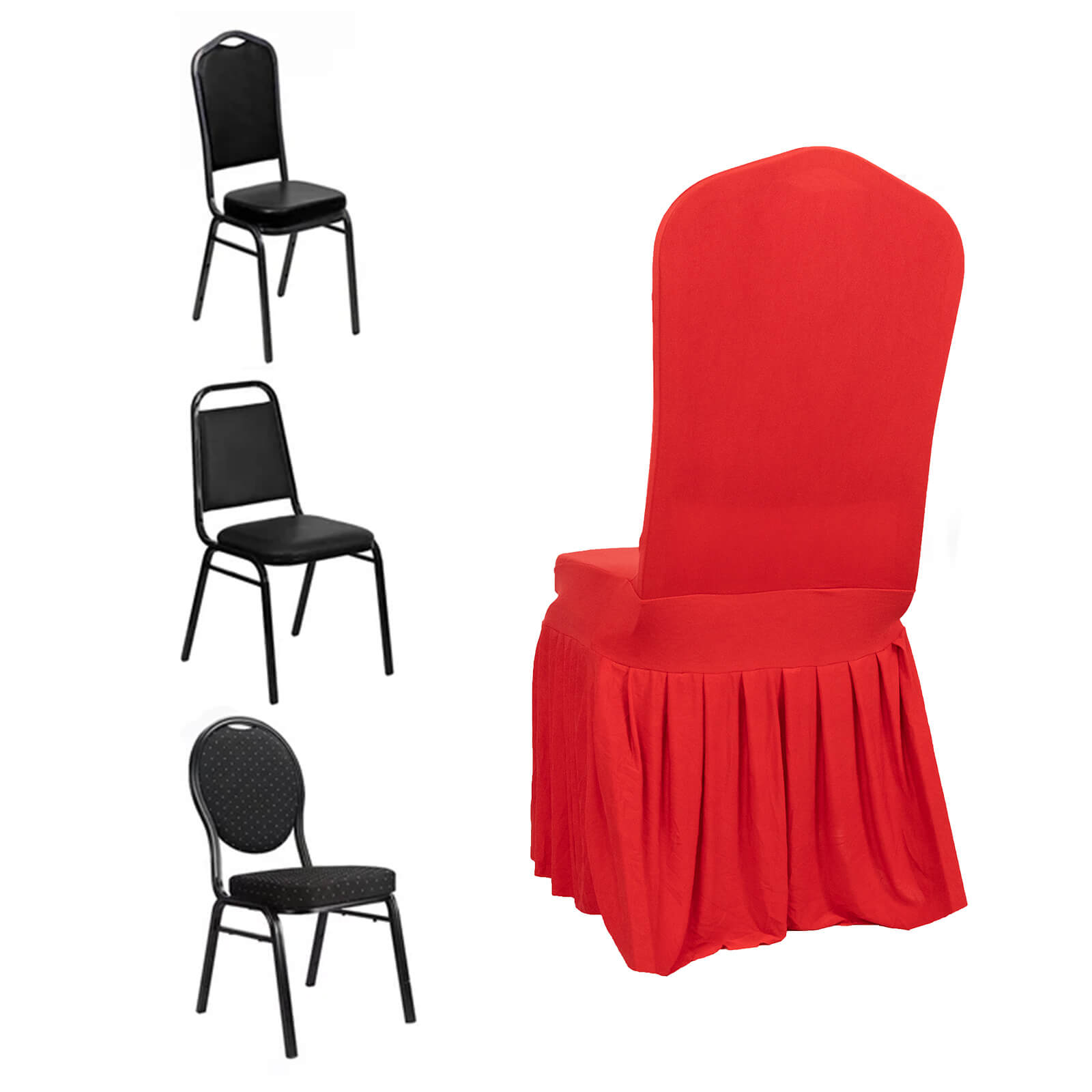 Red ruffle pleated chair slipcover for banquet seating.