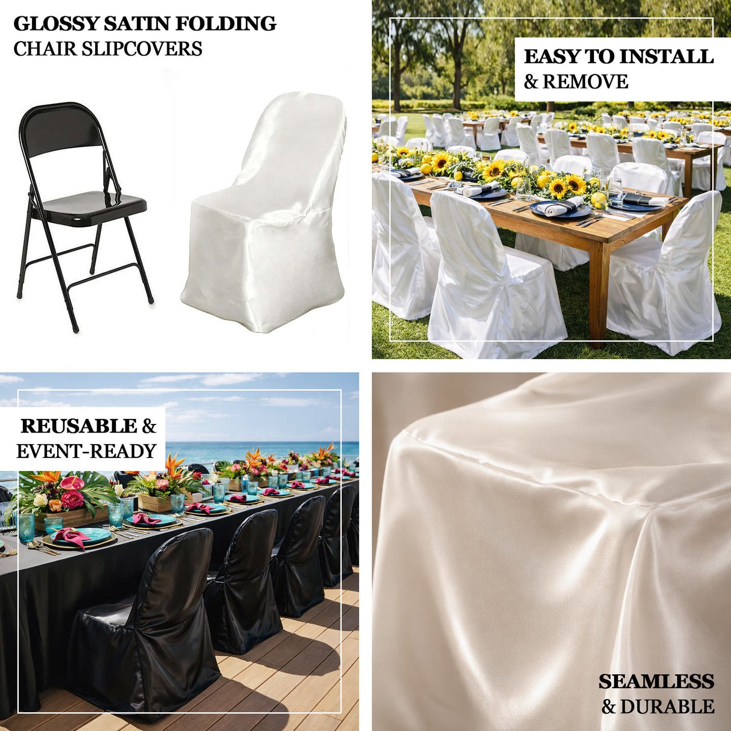 White glossy satin folding chair cover for elegant event decor.