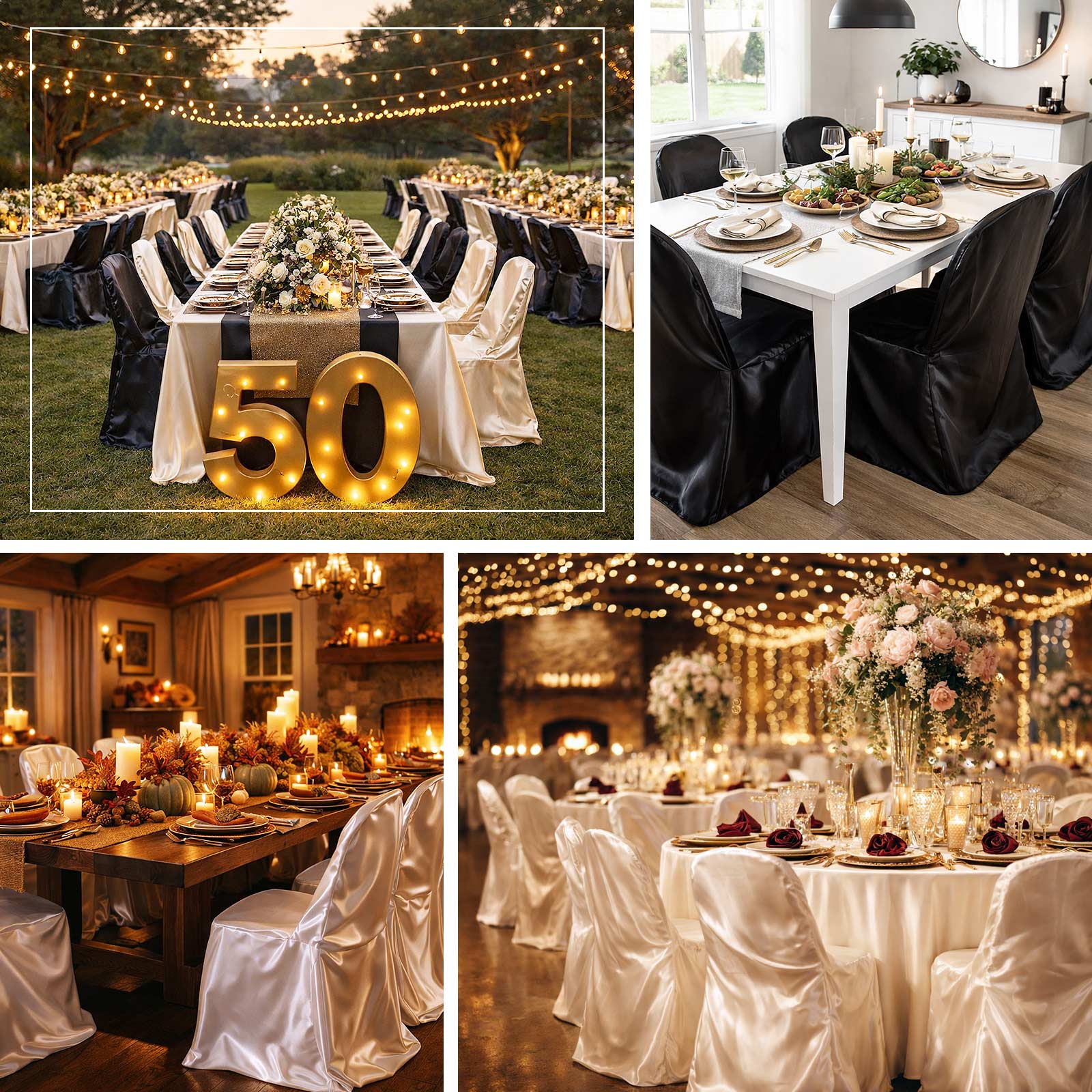 Ivory glossy satin folding chair covers for elegant event decor.