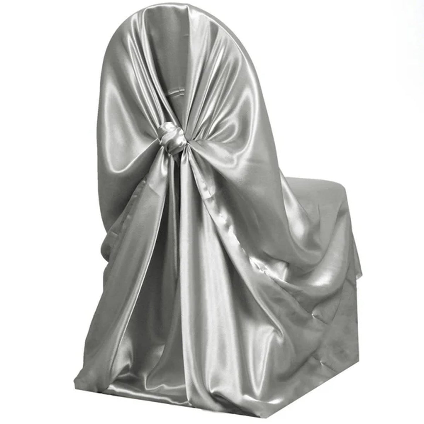 Silver Satin Self-Tie Universal Chair Cover, Folding, Dining, Banquet and Standard Size Chair Cover