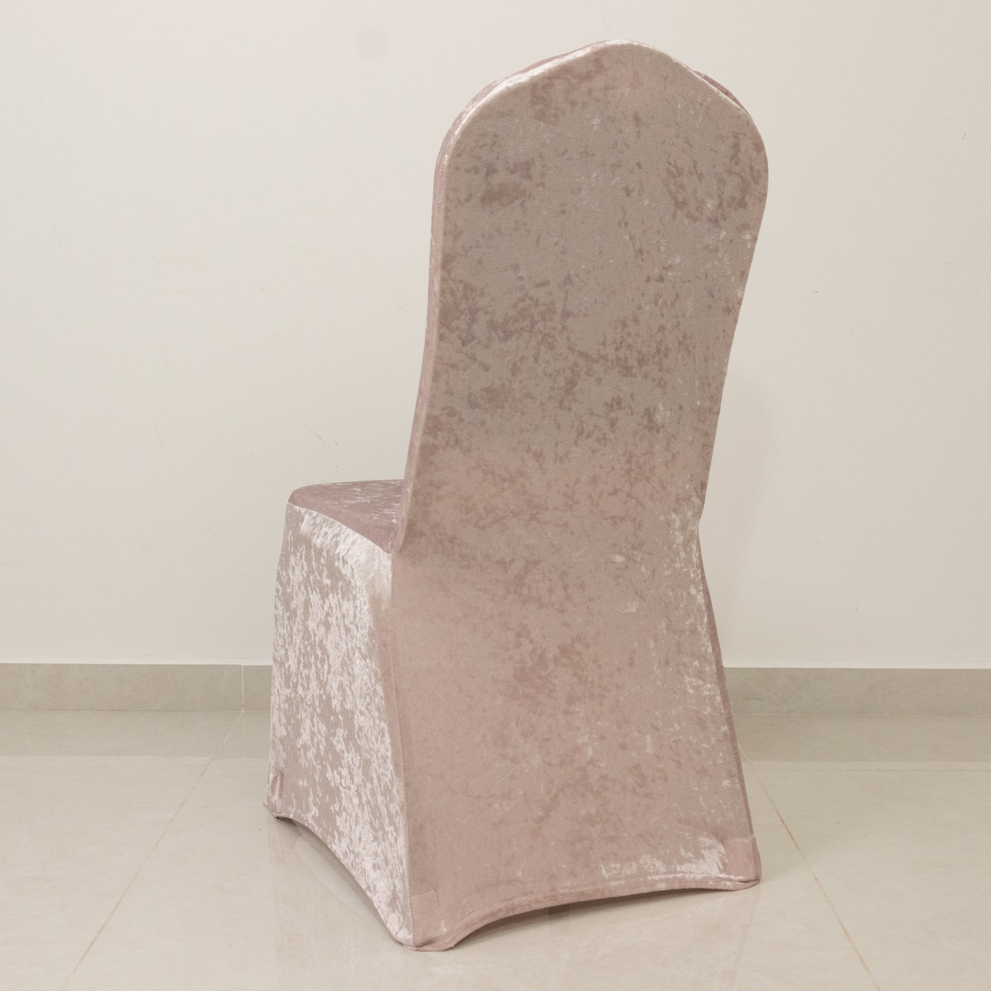 Blush Crushed Velvet Spandex Stretch Wedding Chair Cover With Foot Pockets, Fitted Banquet Chair Cover - 190 GSM