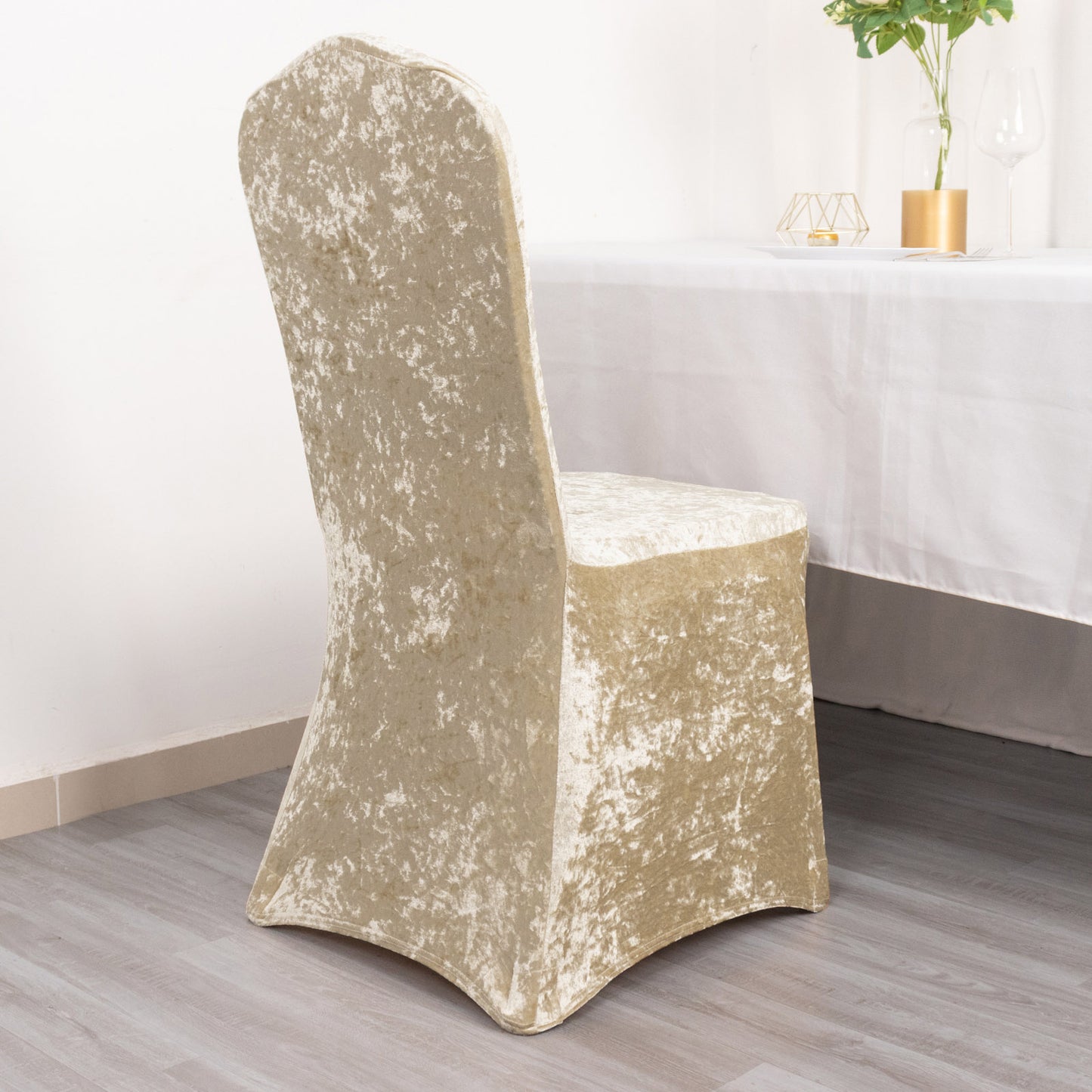 Beige Crushed Velvet Spandex Stretch Wedding Chair Cover With Foot Pockets, Fitted Banquet Chair Cover - 190 GSM
