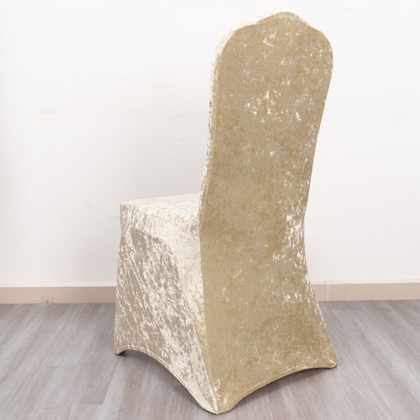Beige Crushed Velvet Spandex Stretch Wedding Chair Cover With Foot Pockets, Fitted Banquet Chair Cover - 190 GSM