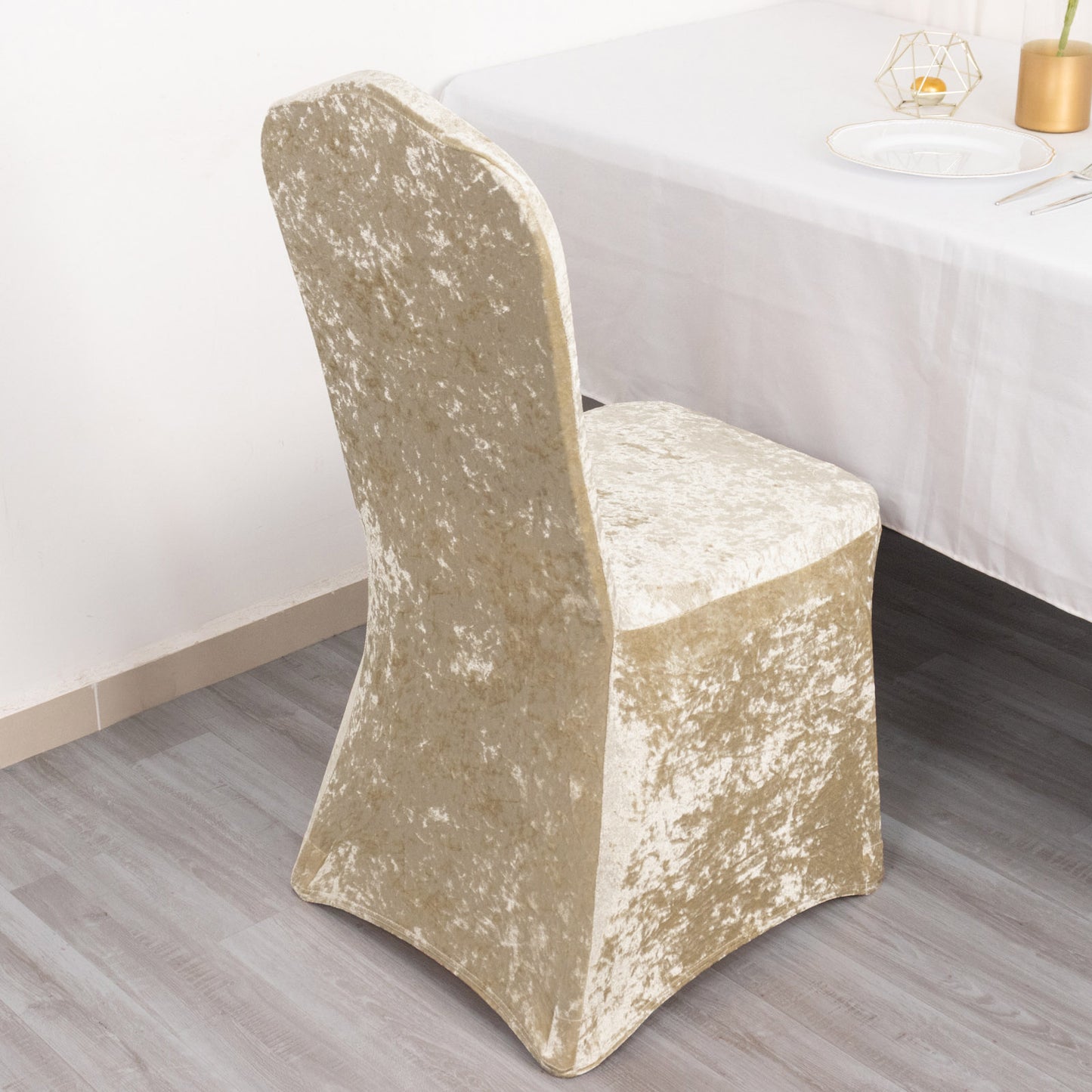 Beige Crushed Velvet Spandex Stretch Wedding Chair Cover With Foot Pockets, Fitted Banquet Chair Cover - 190 GSM