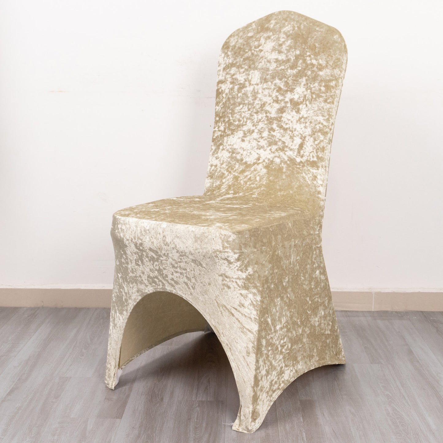 Beige Crushed Velvet Spandex Stretch Wedding Chair Cover With Foot Pockets, Fitted Banquet Chair Cover - 190 GSM