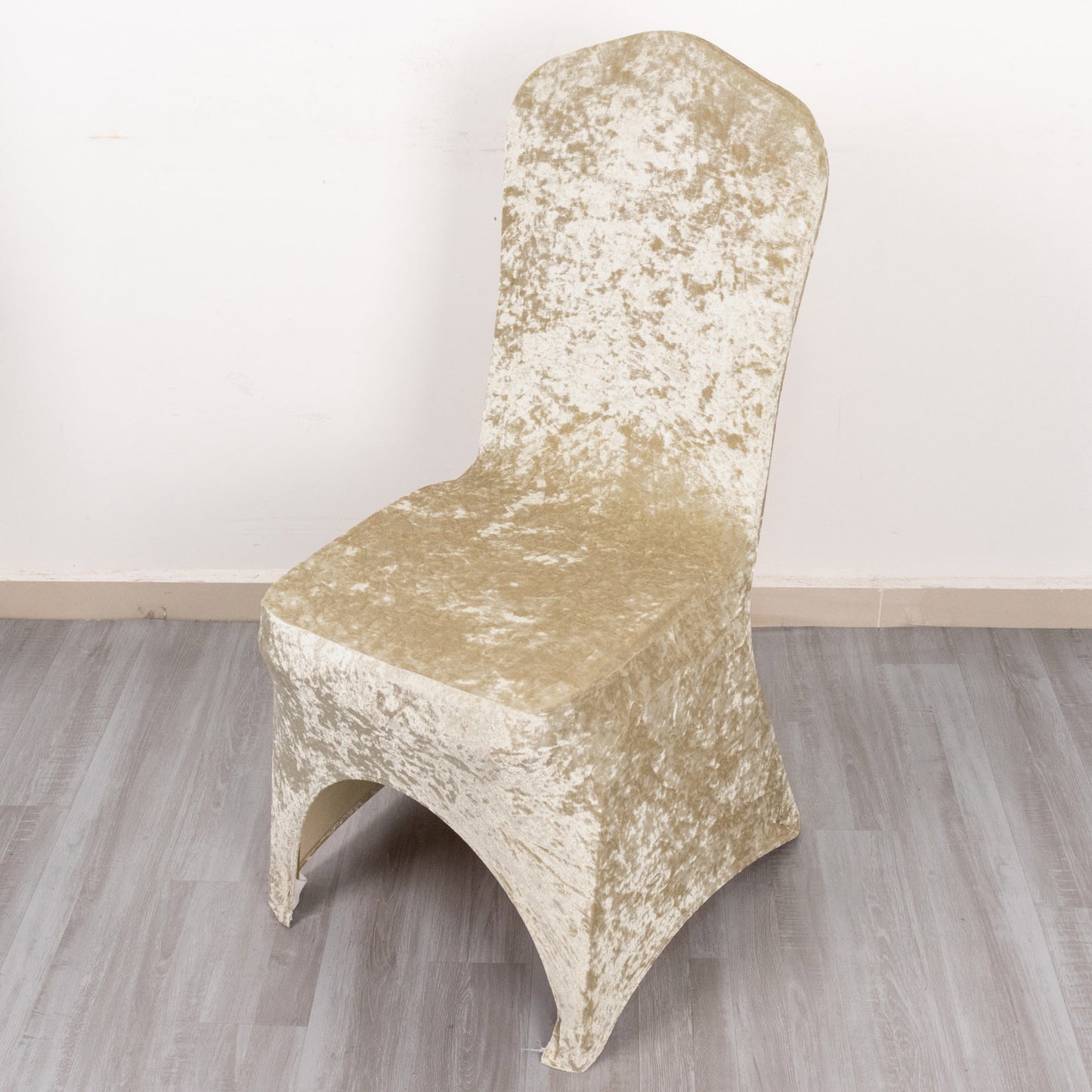 Beige Crushed Velvet Spandex Stretch Wedding Chair Cover With Foot Pockets, Fitted Banquet Chair Cover - 190 GSM
