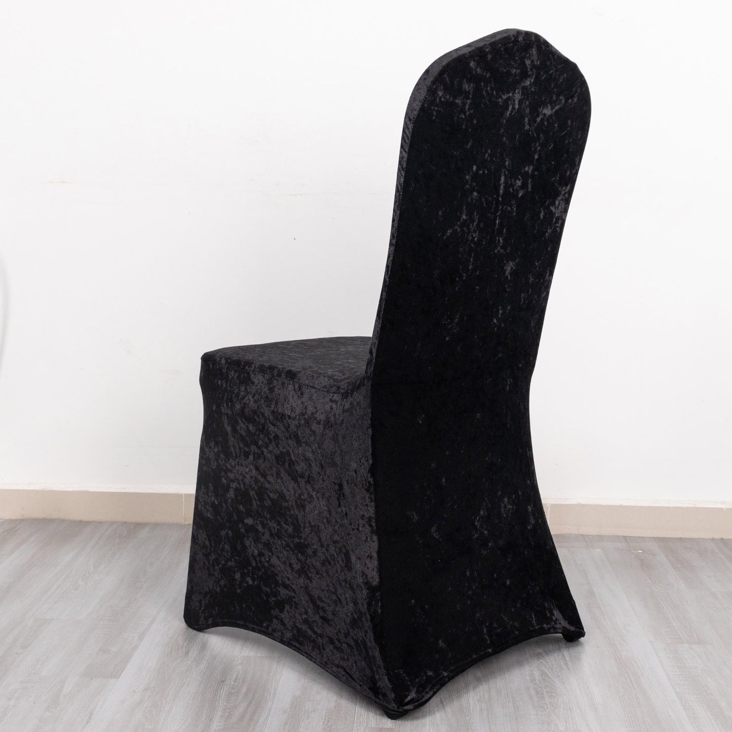 Black Crushed Velvet Spandex Stretch Wedding Chair Cover With Foot Pockets, Fitted Banquet Chair Cover - 190 GSM