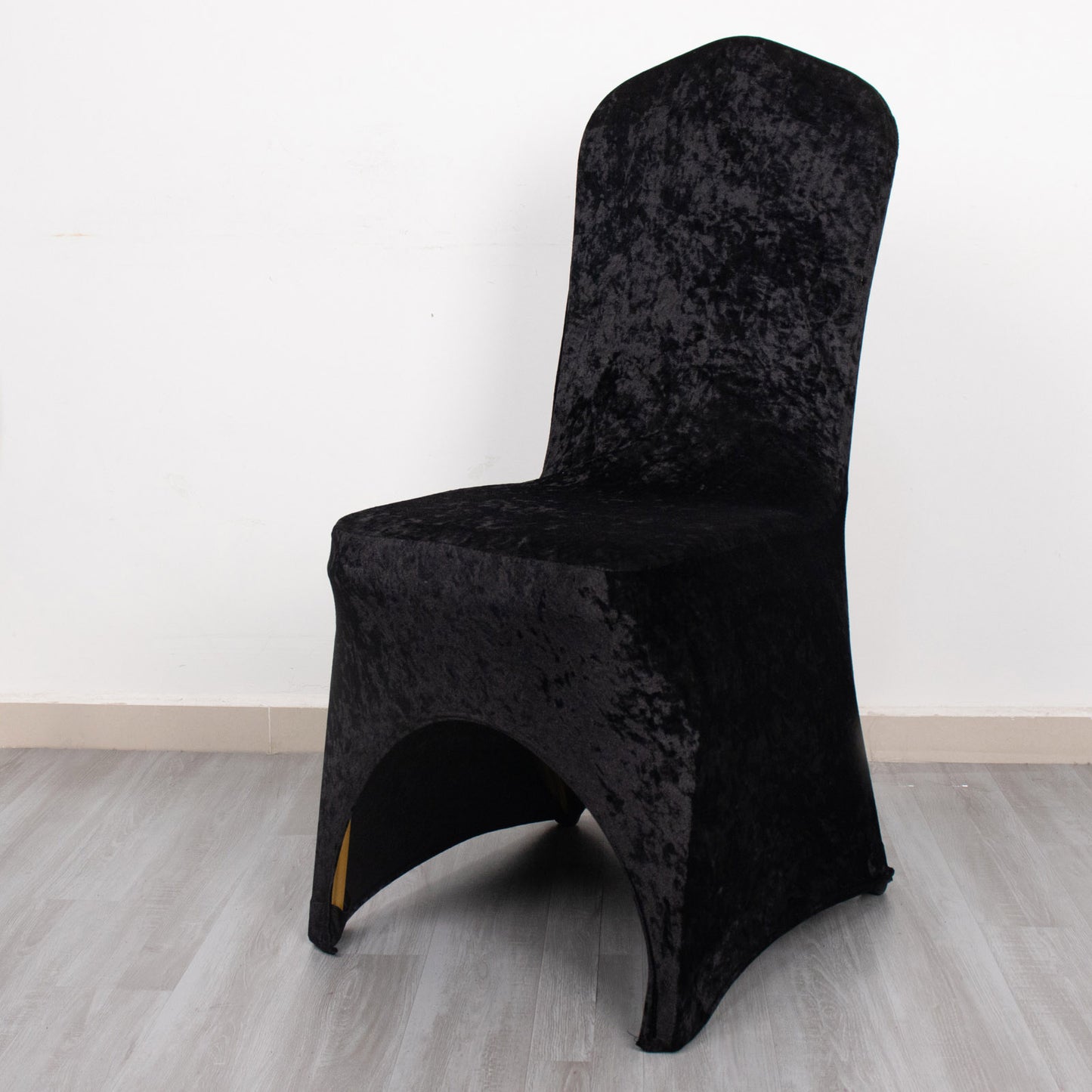 Black Crushed Velvet Spandex Stretch Wedding Chair Cover With Foot Pockets, Fitted Banquet Chair Cover - 190 GSM
