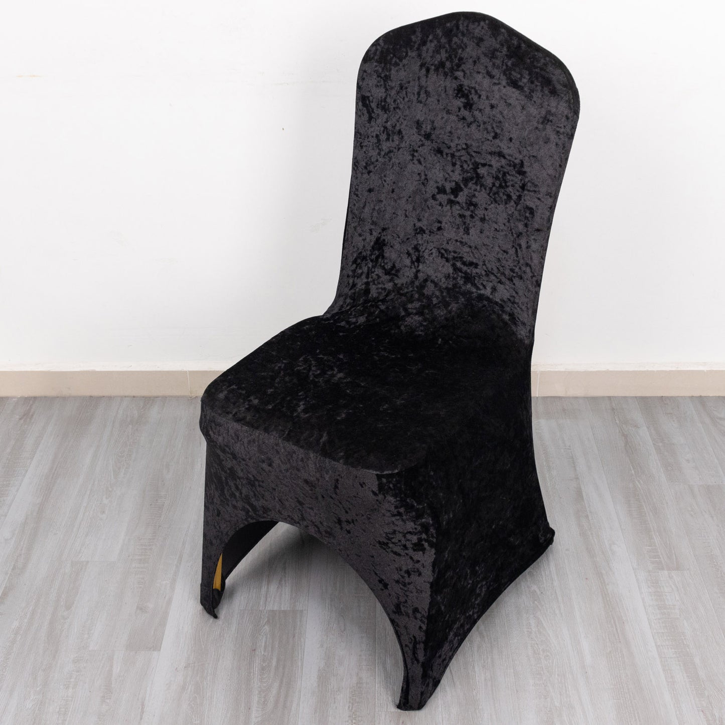 Black Crushed Velvet Spandex Stretch Wedding Chair Cover With Foot Pockets, Fitted Banquet Chair Cover - 190 GSM