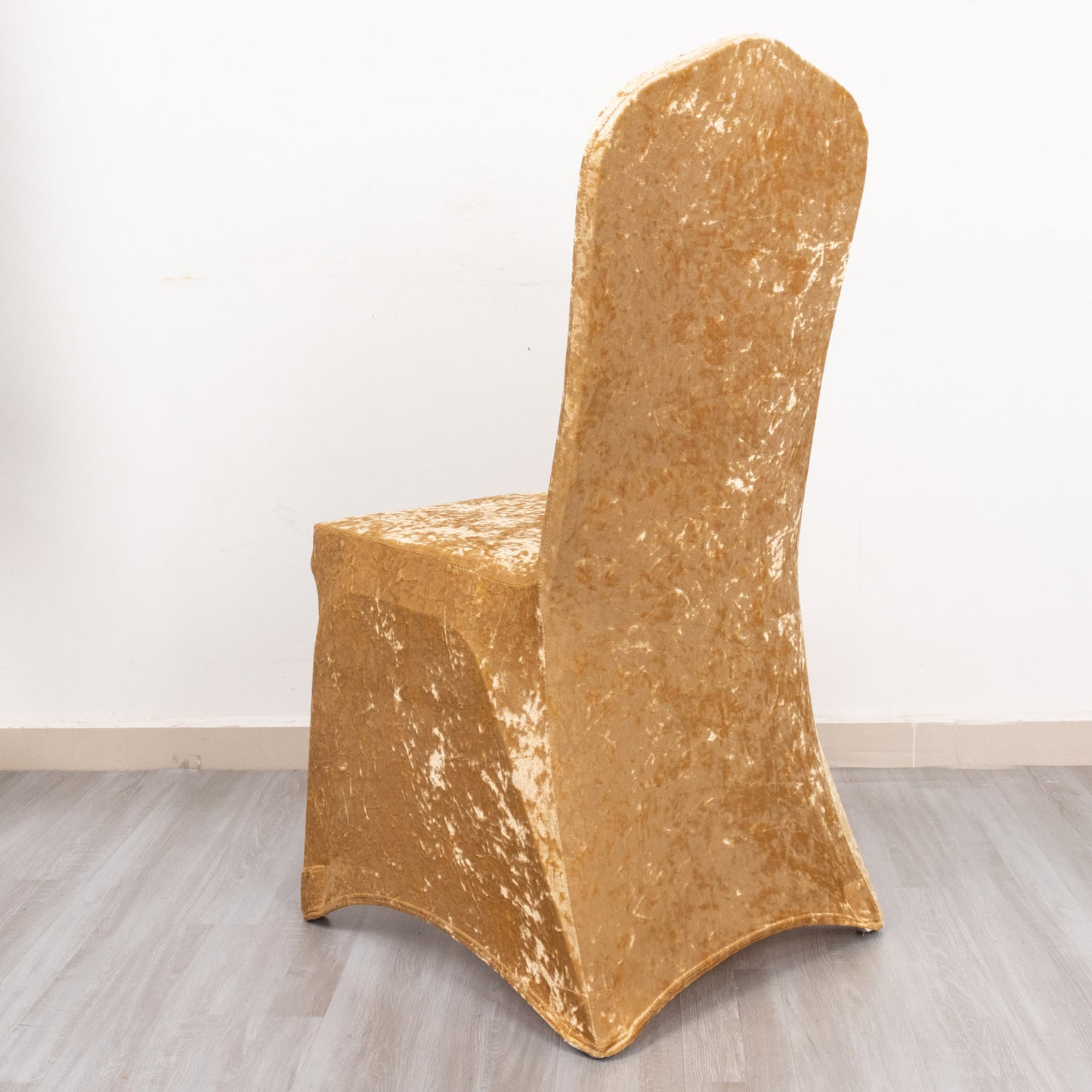 Champagne Crushed Velvet Spandex Stretch Wedding Chair Cover With Foot Pockets, Fitted Banquet Chair Cover - 190 GSM
