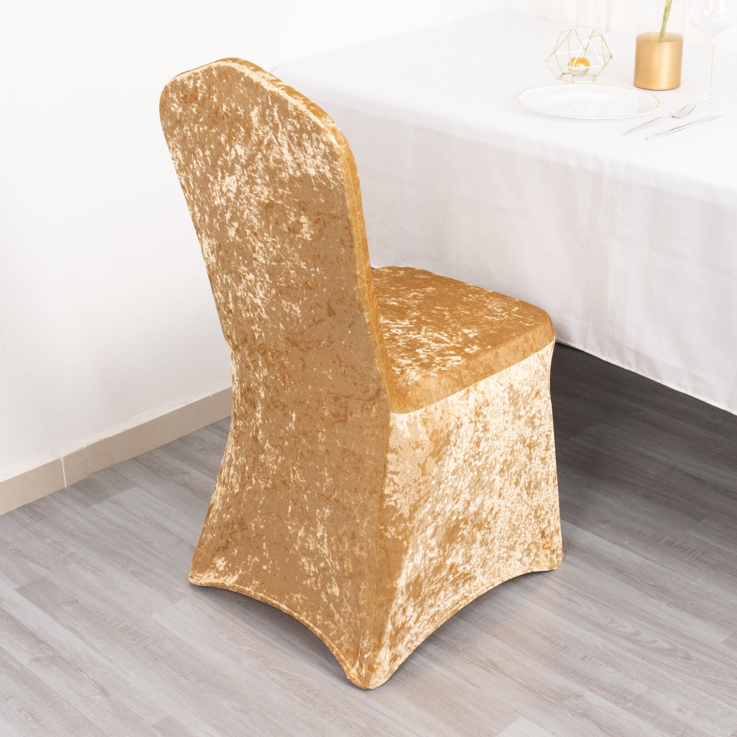 Champagne Crushed Velvet Spandex Stretch Wedding Chair Cover With Foot Pockets, Fitted Banquet Chair Cover - 190 GSM