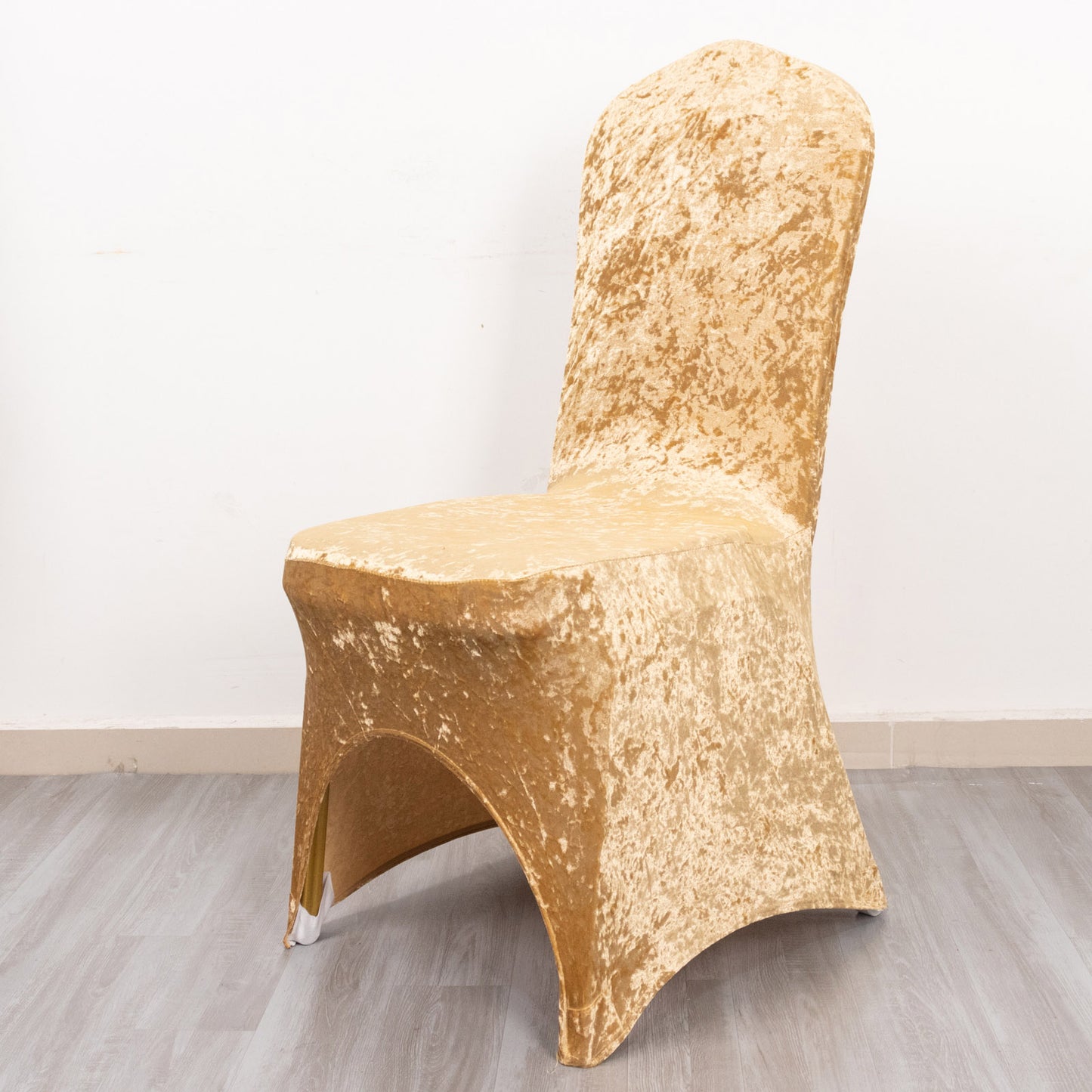Champagne Crushed Velvet Spandex Stretch Wedding Chair Cover With Foot Pockets, Fitted Banquet Chair Cover - 190 GSM