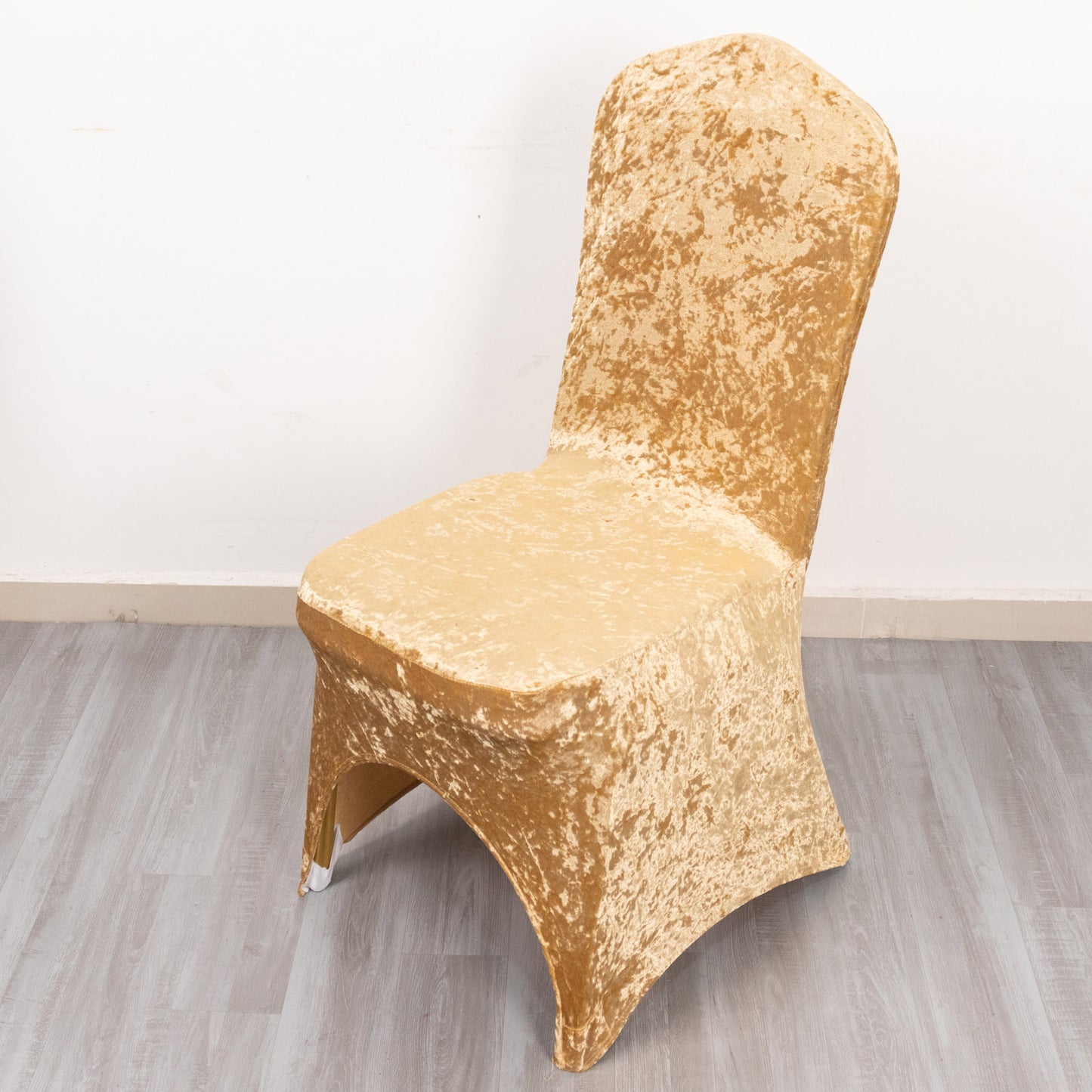 Champagne Crushed Velvet Spandex Stretch Wedding Chair Cover With Foot Pockets, Fitted Banquet Chair Cover - 190 GSM