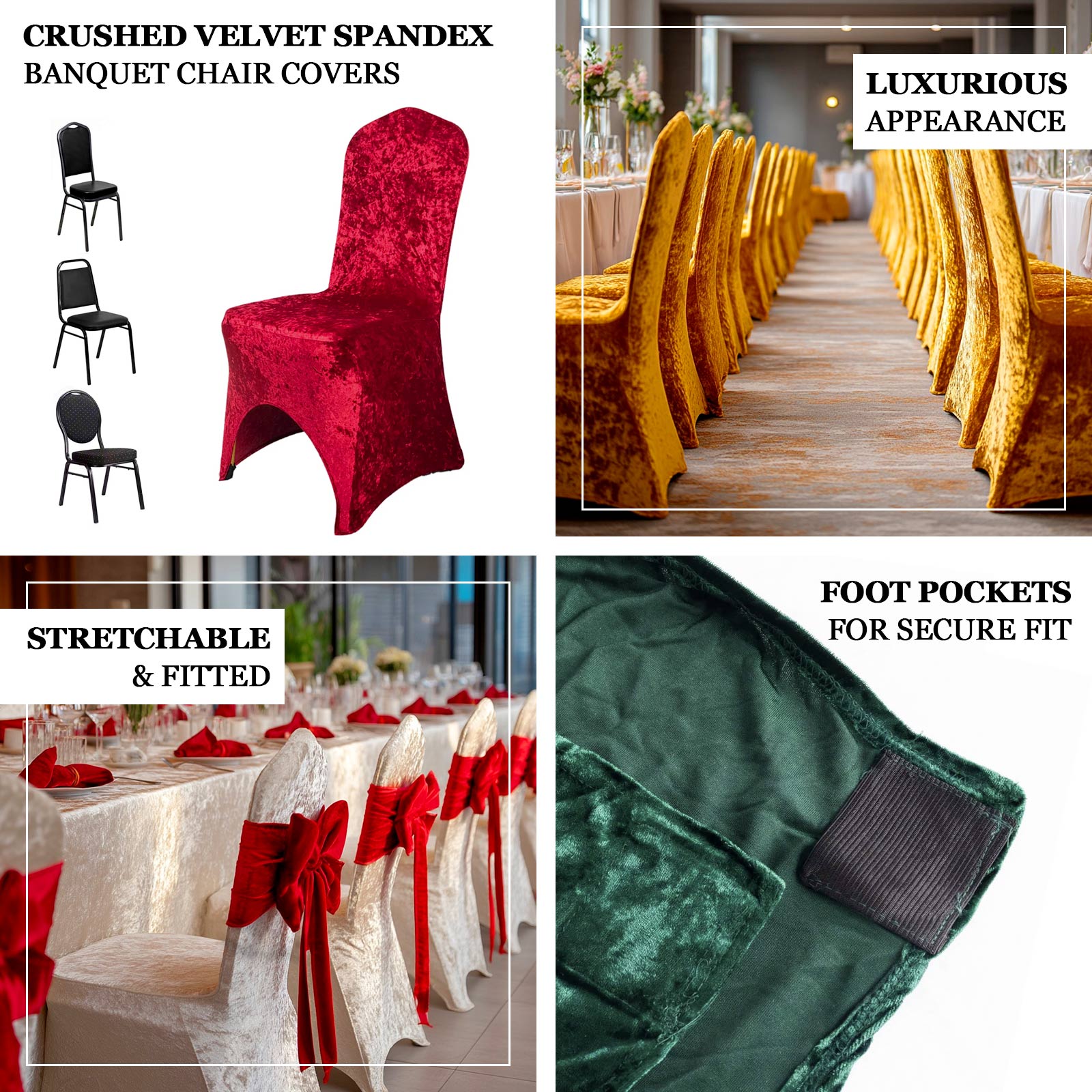 Crushed Velvet Spandex Stretch Chair Cover With Foot Pockets, Fitted Banquet Chair Cover - 190 GSM