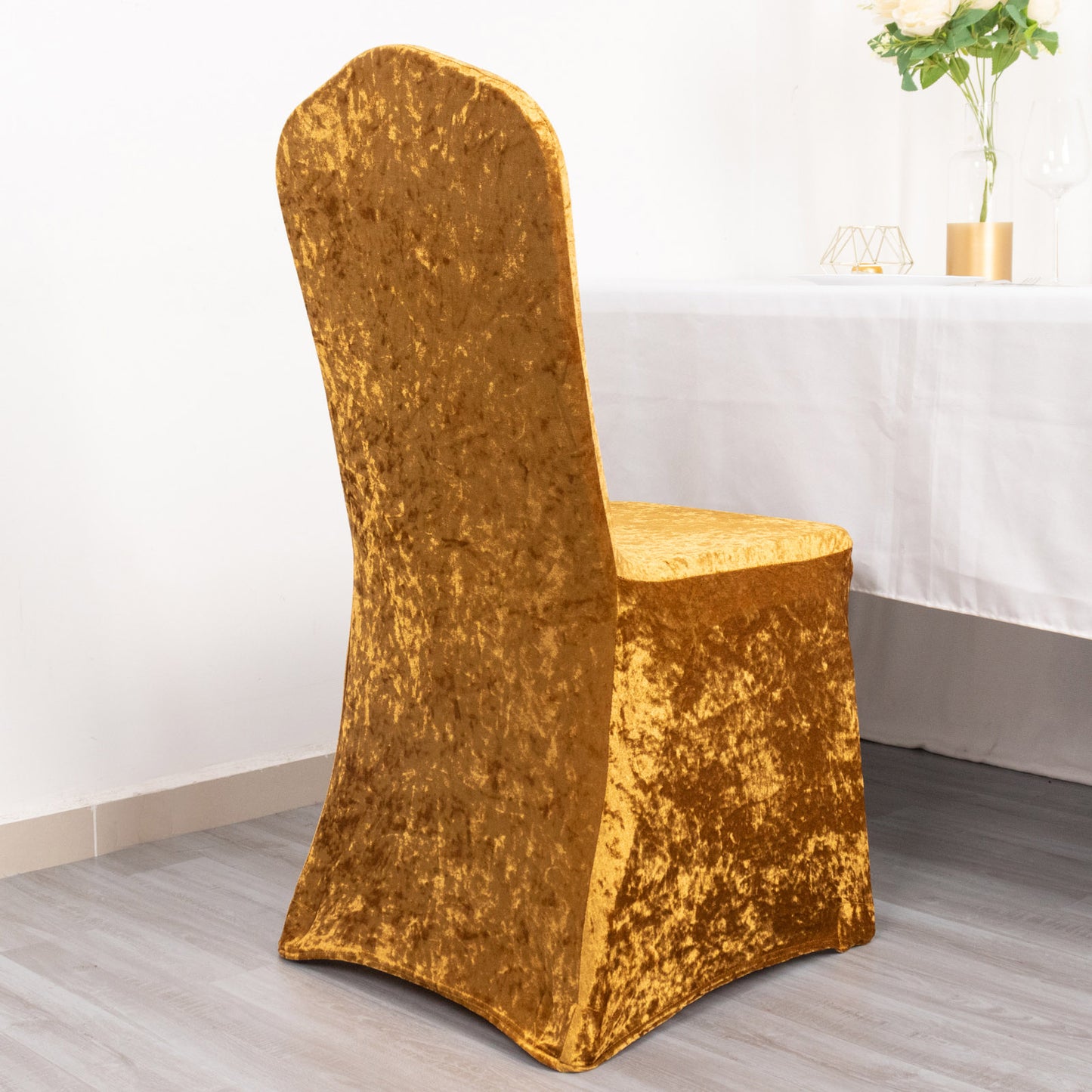 Gold Crushed Velvet Spandex Stretch Wedding Chair Cover With Foot Pockets, Fitted Banquet Chair Cover - 190 GSM