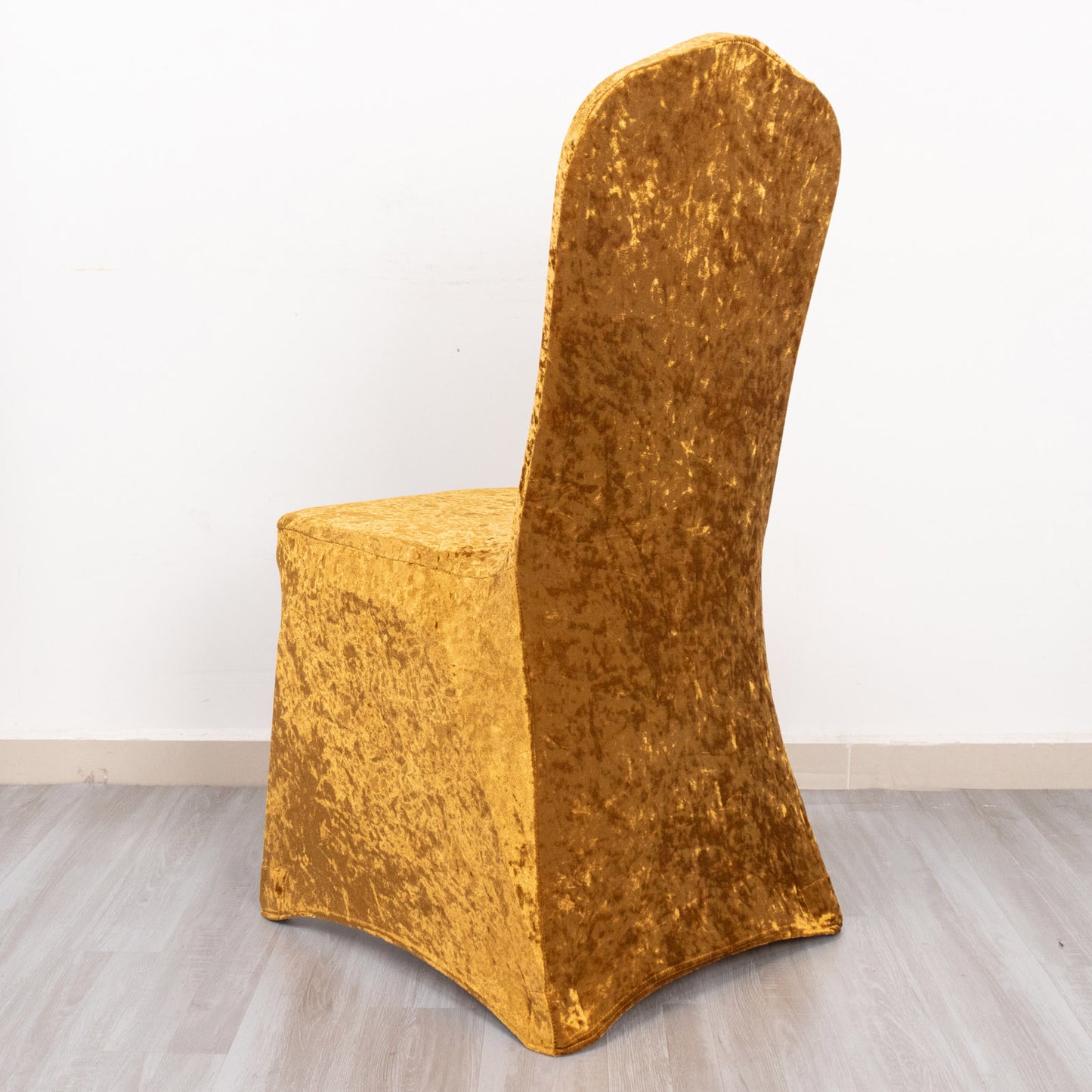 Gold Crushed Velvet Spandex Stretch Wedding Chair Cover With Foot Pockets, Fitted Banquet Chair Cover - 190 GSM