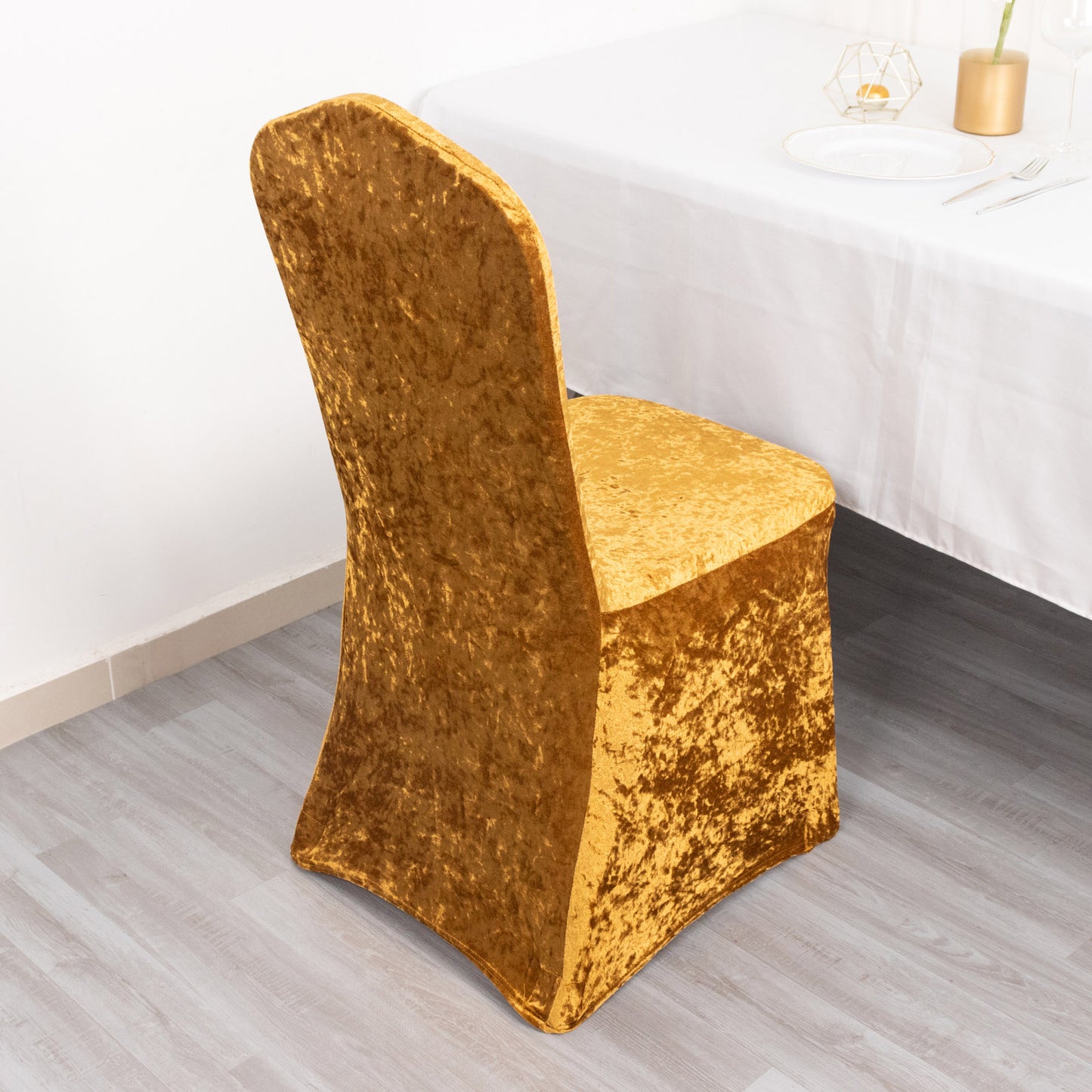 Gold Crushed Velvet Spandex Stretch Wedding Chair Cover With Foot Pockets, Fitted Banquet Chair Cover - 190 GSM