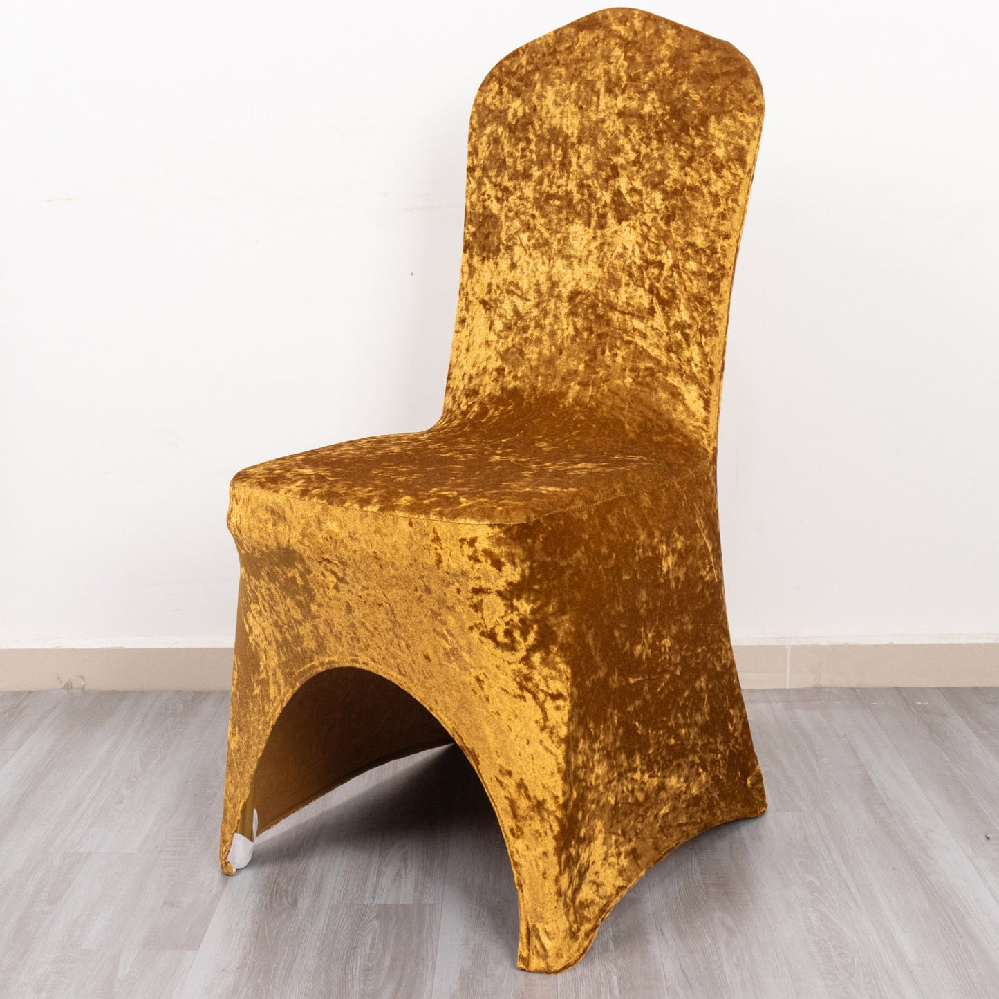Gold Crushed Velvet Spandex Stretch Wedding Chair Cover With Foot Pockets, Fitted Banquet Chair Cover - 190 GSM