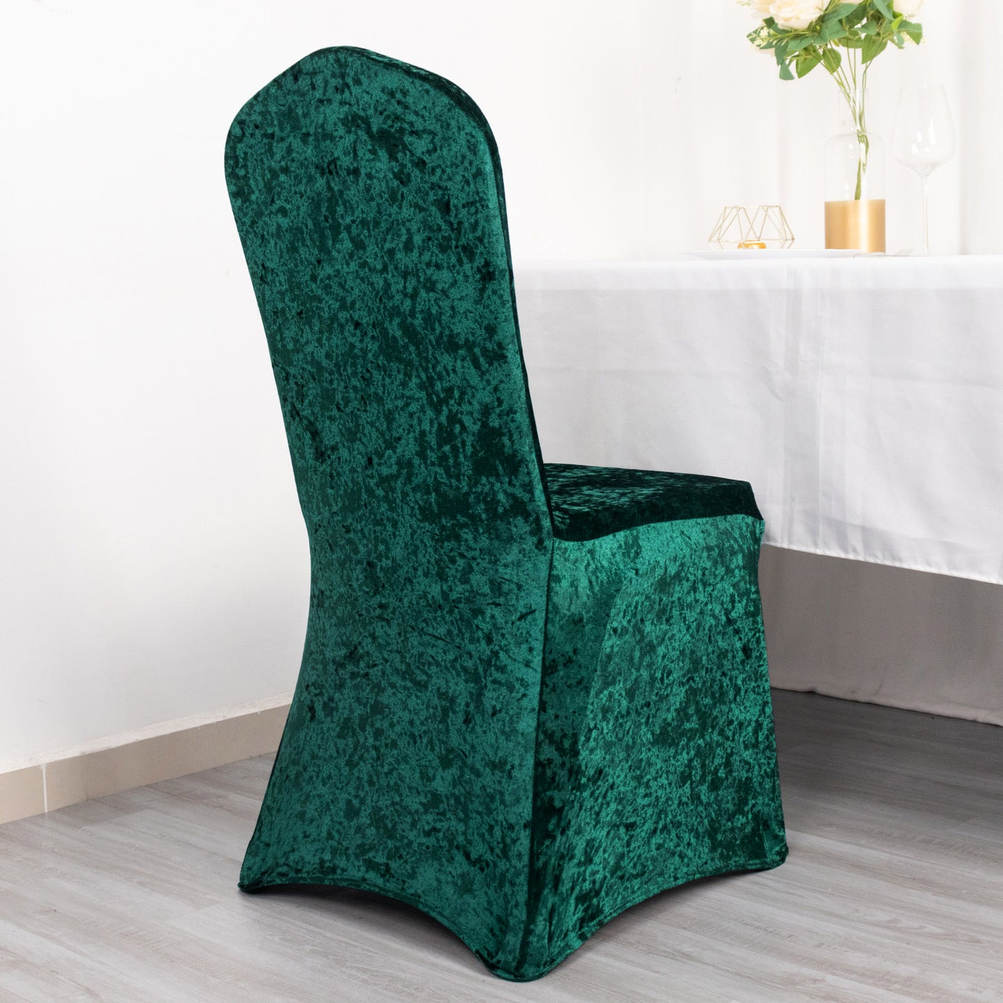 Hunter Emerald Green Crushed Velvet Spandex Stretch Wedding Chair Cover With Foot Pockets, Fitted Banquet Chair Cover - 190 GSM