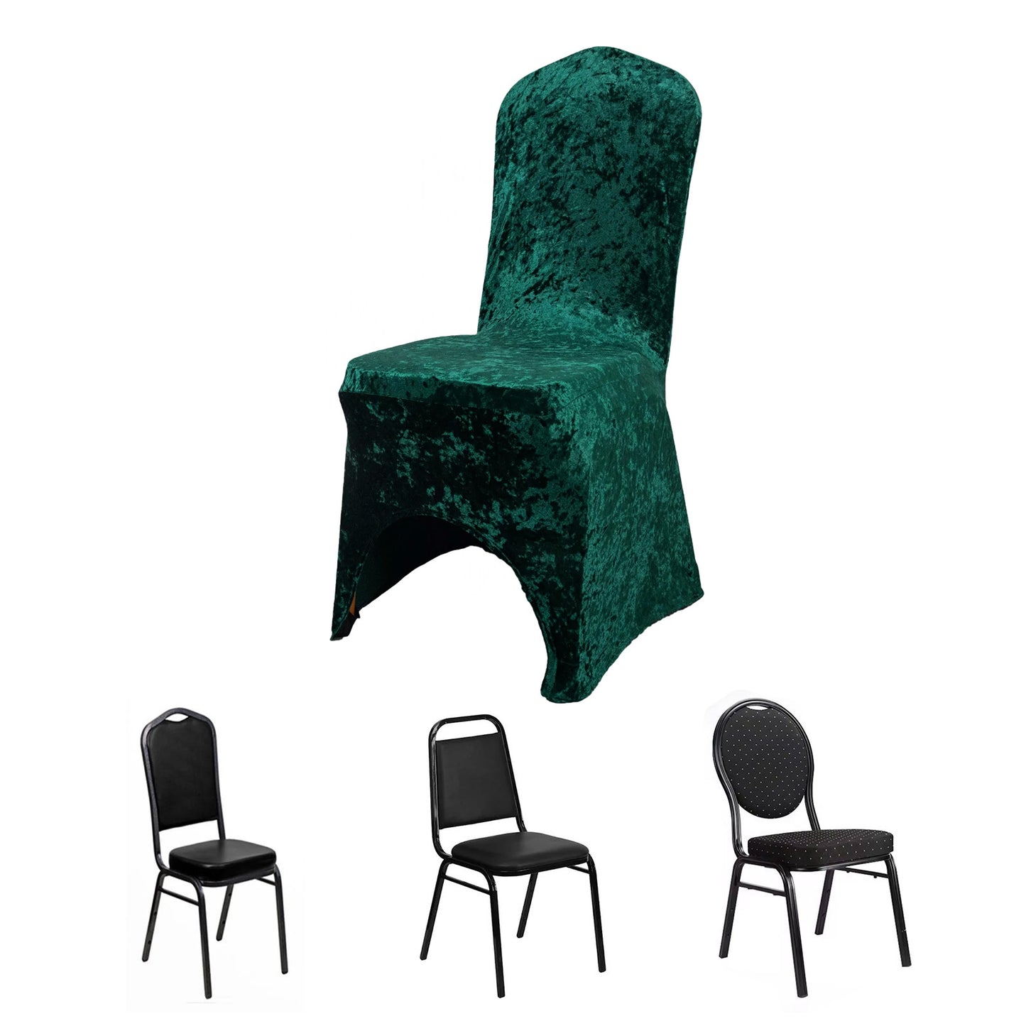 Hunter Emerald Green Crushed Velvet Spandex Stretch Wedding Chair Cover With Foot Pockets, Fitted Banquet Chair Cover - 190 GSM