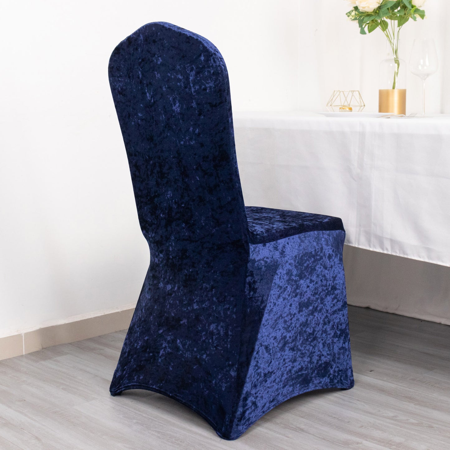 Navy Blue Crushed Velvet Spandex Stretch Wedding Chair Cover With Foot Pockets, Fitted Banquet Chair Cover - 190 GSM