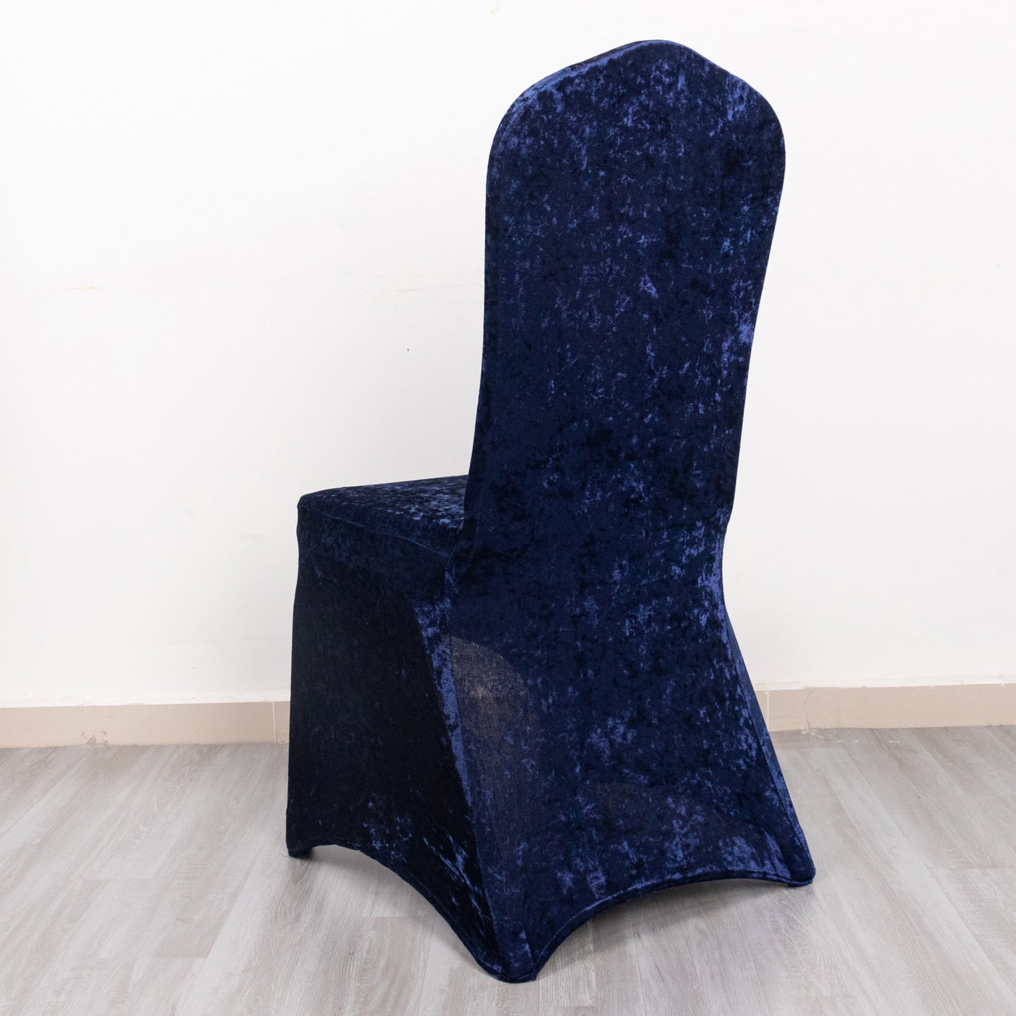 Navy Blue Crushed Velvet Spandex Stretch Wedding Chair Cover With Foot Pockets, Fitted Banquet Chair Cover - 190 GSM