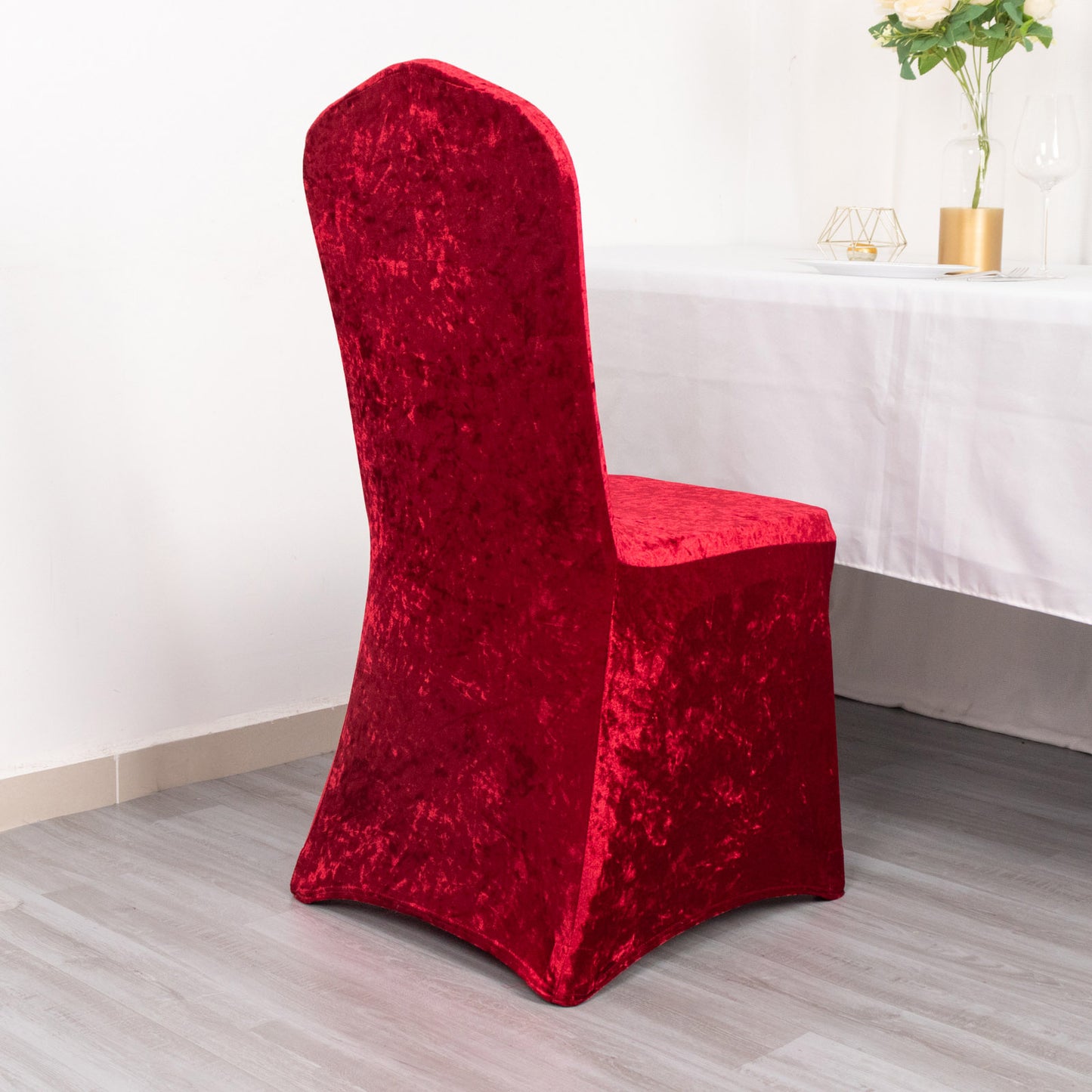 Red Crushed Velvet Spandex Stretch Wedding Chair Cover With Foot Pockets, Fitted Banquet Chair Cover - 190 GSM