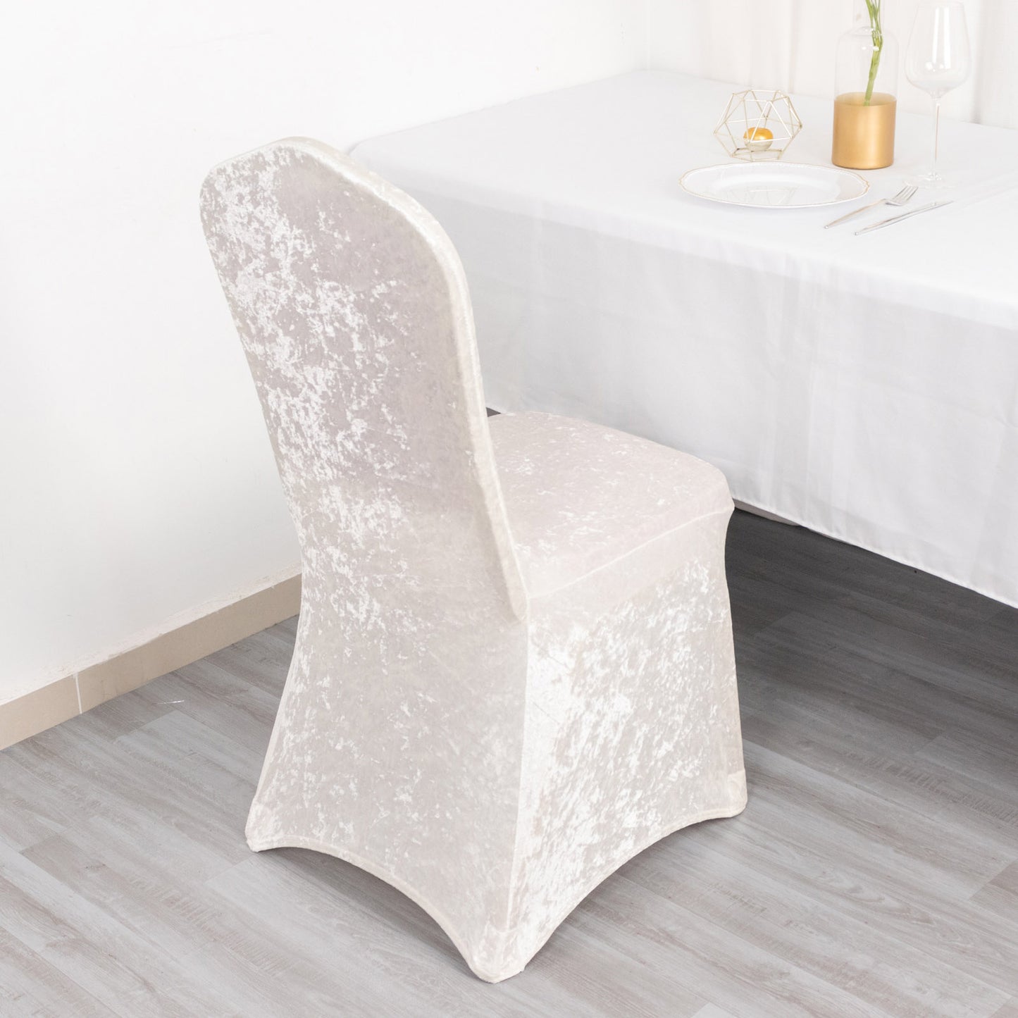 White Crushed Velvet Spandex Stretch Wedding Chair Cover With Foot Pockets, Fitted Banquet Chair Cover - 190 GSM