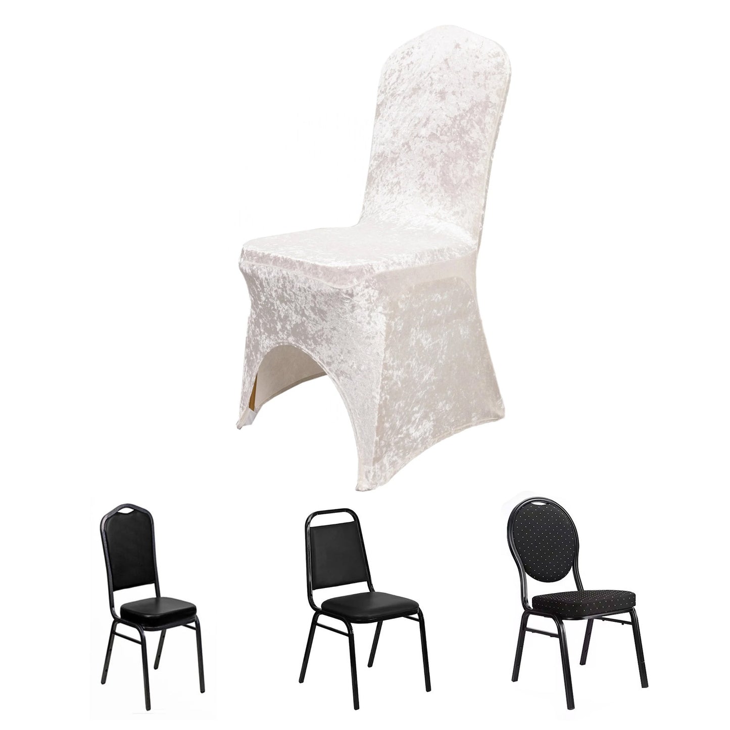 White Crushed Velvet Spandex Stretch Wedding Chair Cover With Foot Pockets, Fitted Banquet Chair Cover - 190 GSM