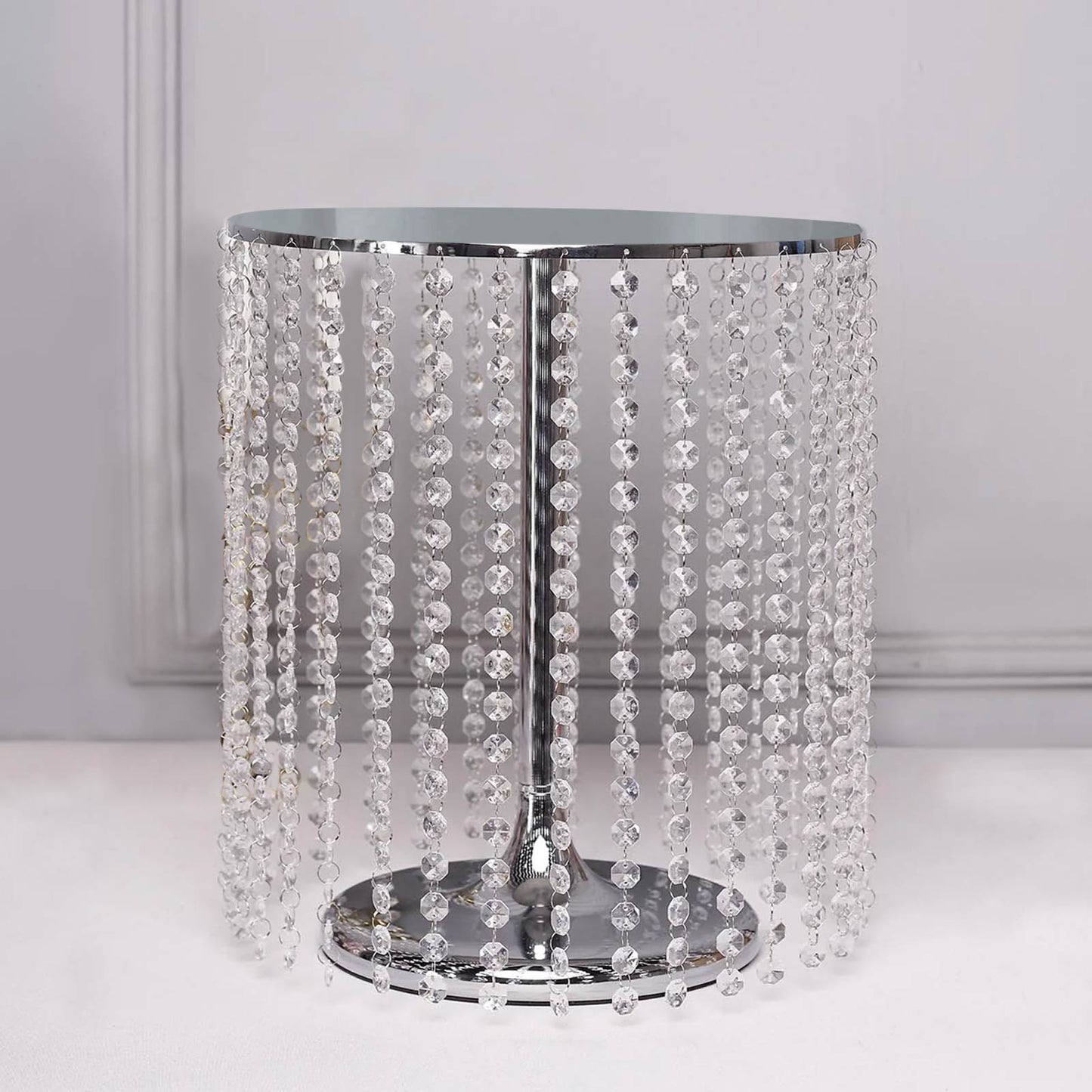 14" Round 16" Tall Metallic Silver Cake Stand, Cupcake Dessert Pedestal With Crystal Chains