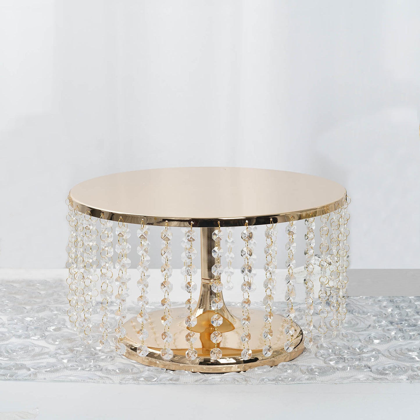 14" Round 8" Tall Metallic Gold Cake Stand, Cupcake Dessert Pedestal With Crystal Chains