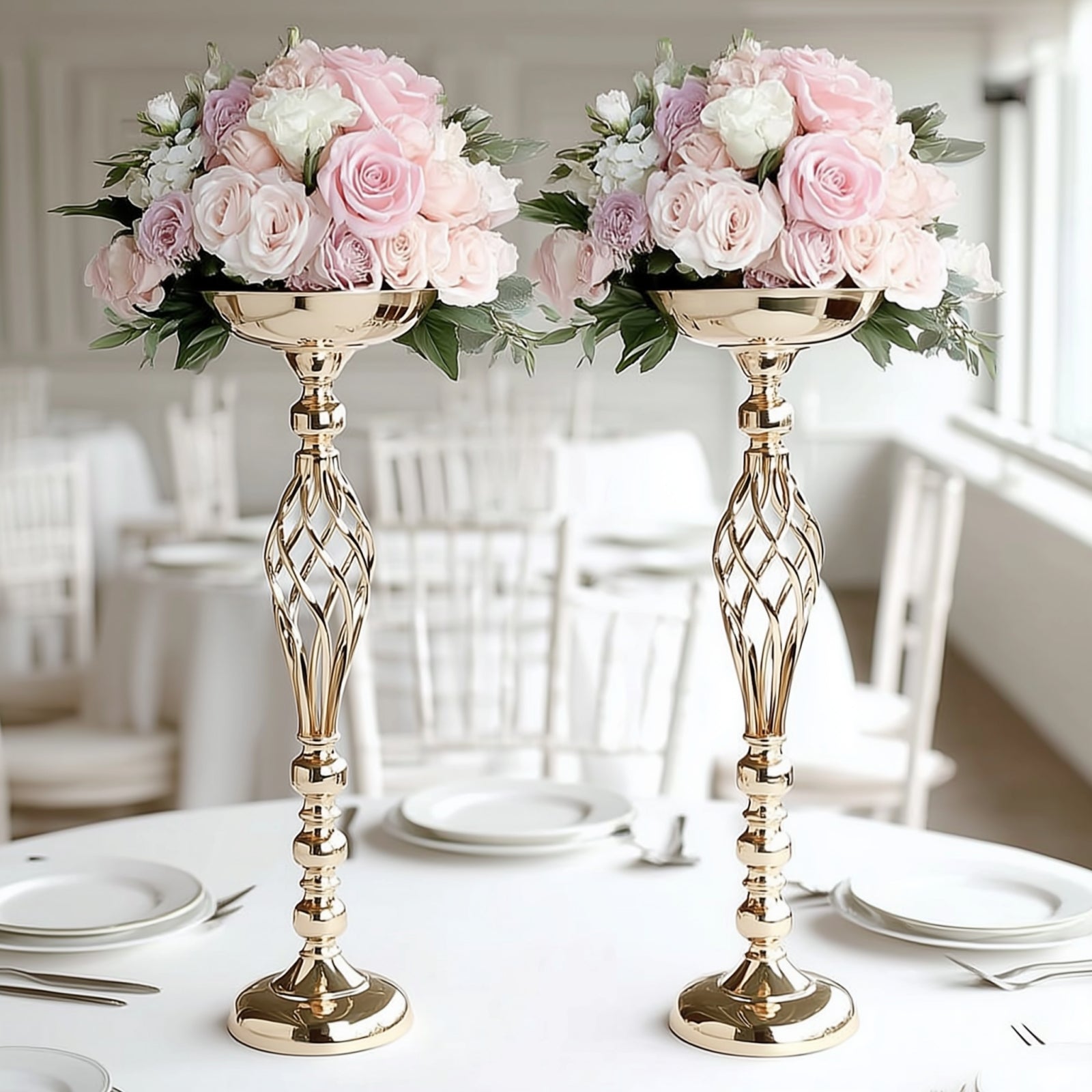 2 Pack | 26inch Gold Reversible Pillar Candle Holder Set Flower Ball Pedestal Stand