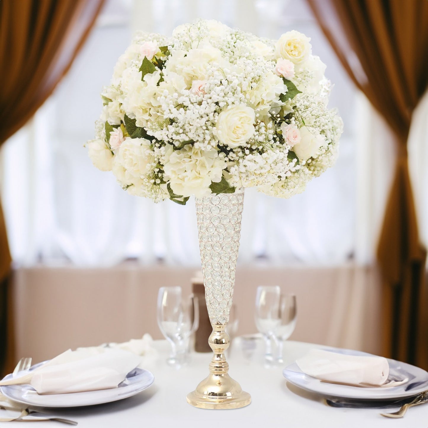 2 Pack | Gold 32” Tall Crystal Beaded Trumpet Vase Set, Table Centerpiece