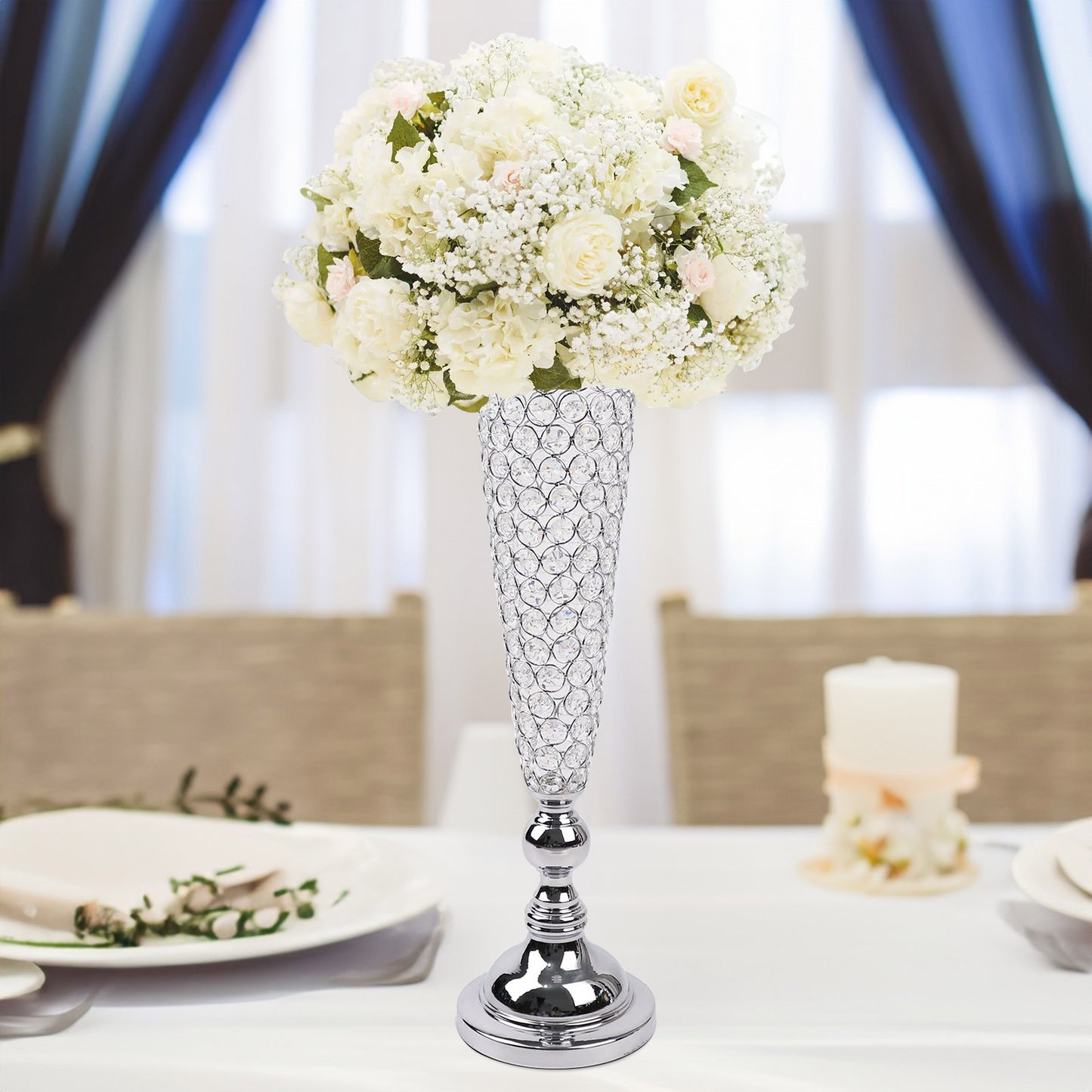 2 Pack | Silver 32” Tall Crystal Beaded Trumpet Vase Set, Table Centerpiece