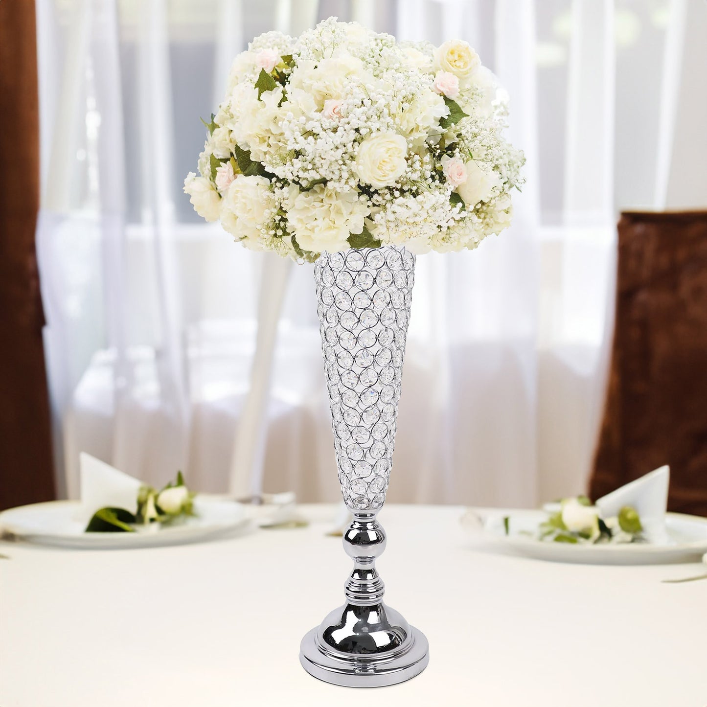 2 Pack | Silver 32” Tall Crystal Beaded Trumpet Vase Set, Table Centerpiece