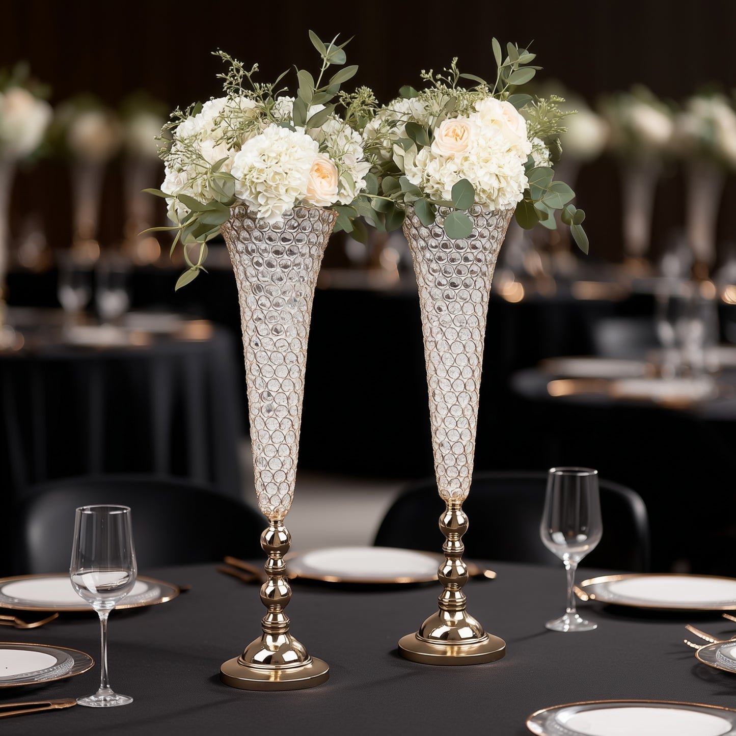 2 Pack | Gold 40” Tall Crystal Beaded Trumpet Vase Set, Table Centerpiece