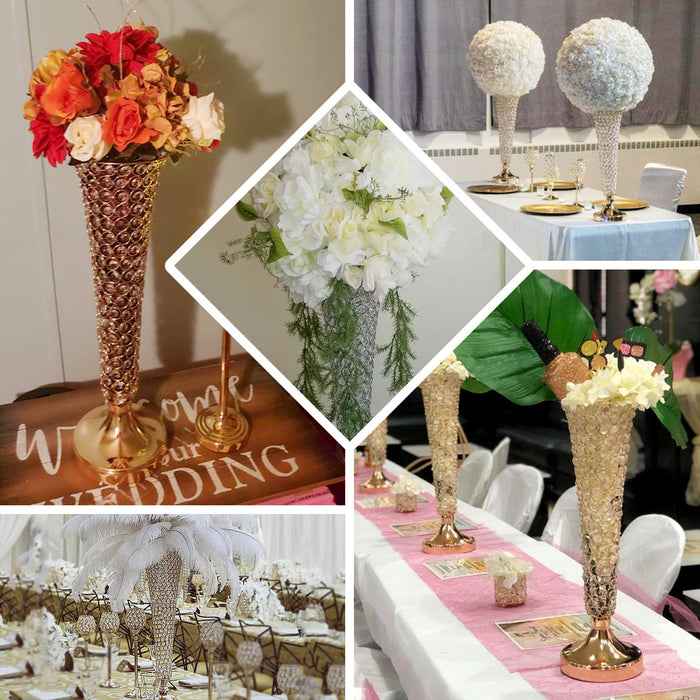 2 Pack | Gold 32” Tall Crystal Beaded Trumpet Vase Set, Table Centerpiece