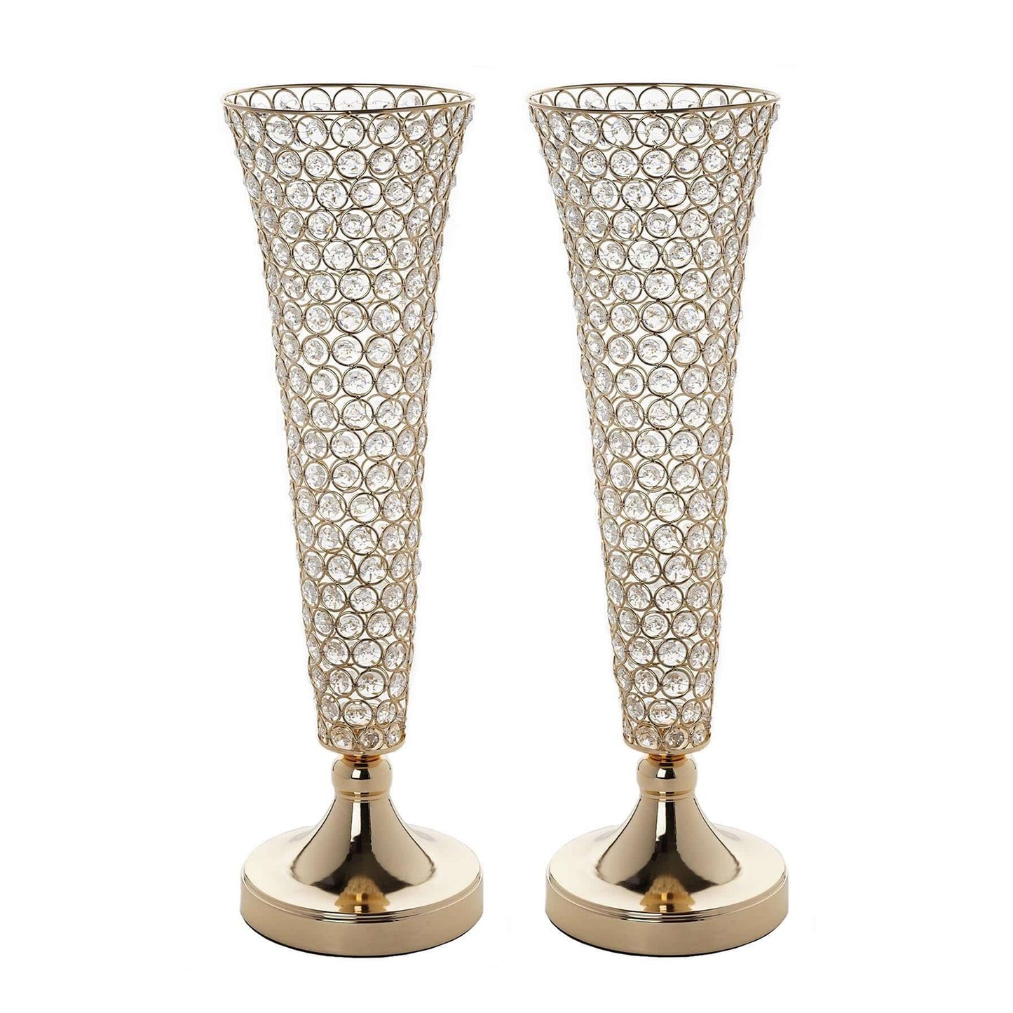 2 Pack | Gold 22" Tall Crystal Beaded Trumpet Vase Set, Table Centerpiece