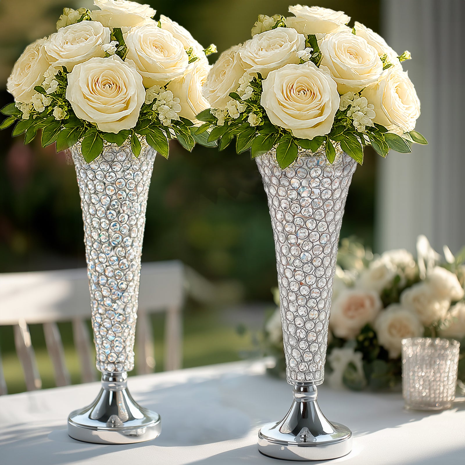 Trumpet 22 Inch Tall Vase Set In Silver Crystal Beaded Table Centerpiece 2 Pack 
