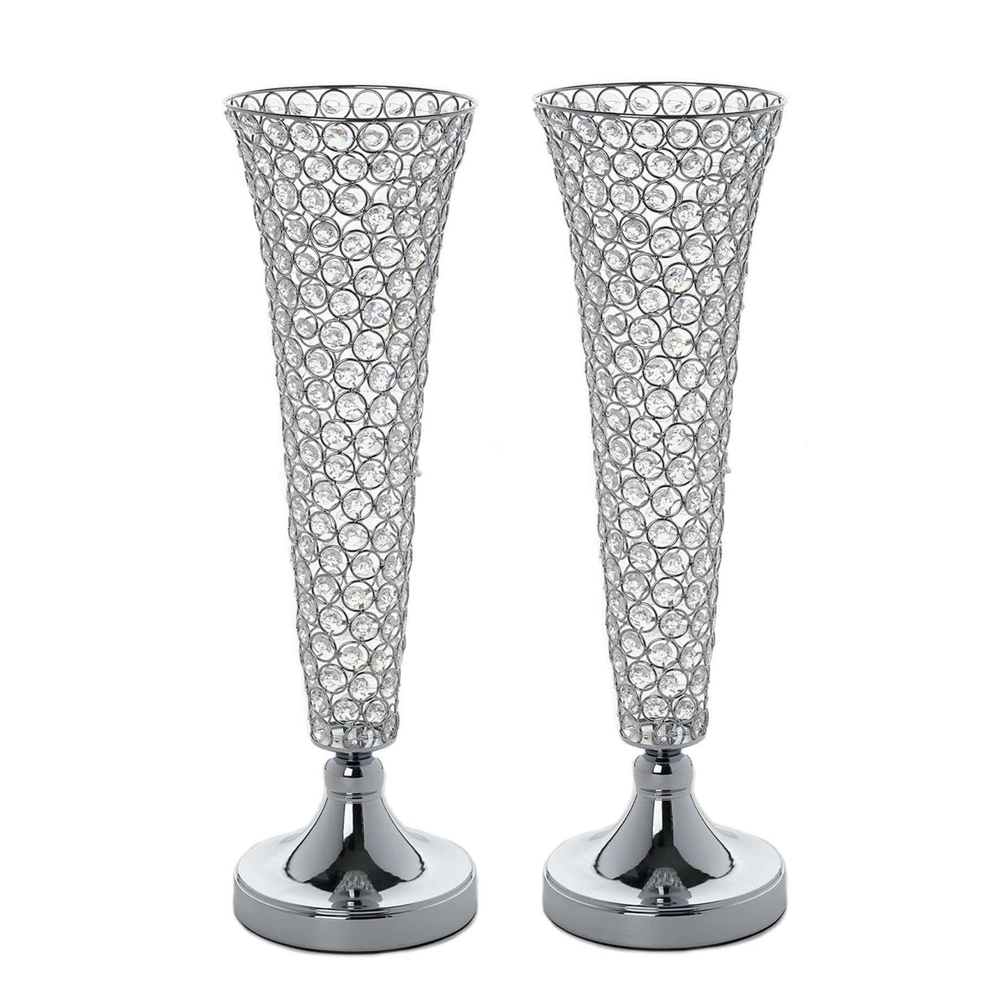 2 Pack | Silver 22" Tall Crystal Beaded Trumpet Vase Set, Table Centerpiece