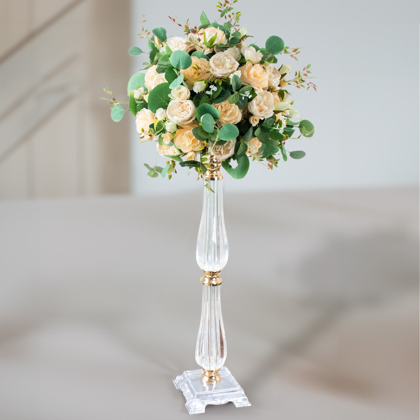 24" Gold Acrylic Crystal Candle Stand with Floral Arrangement Centerpiece