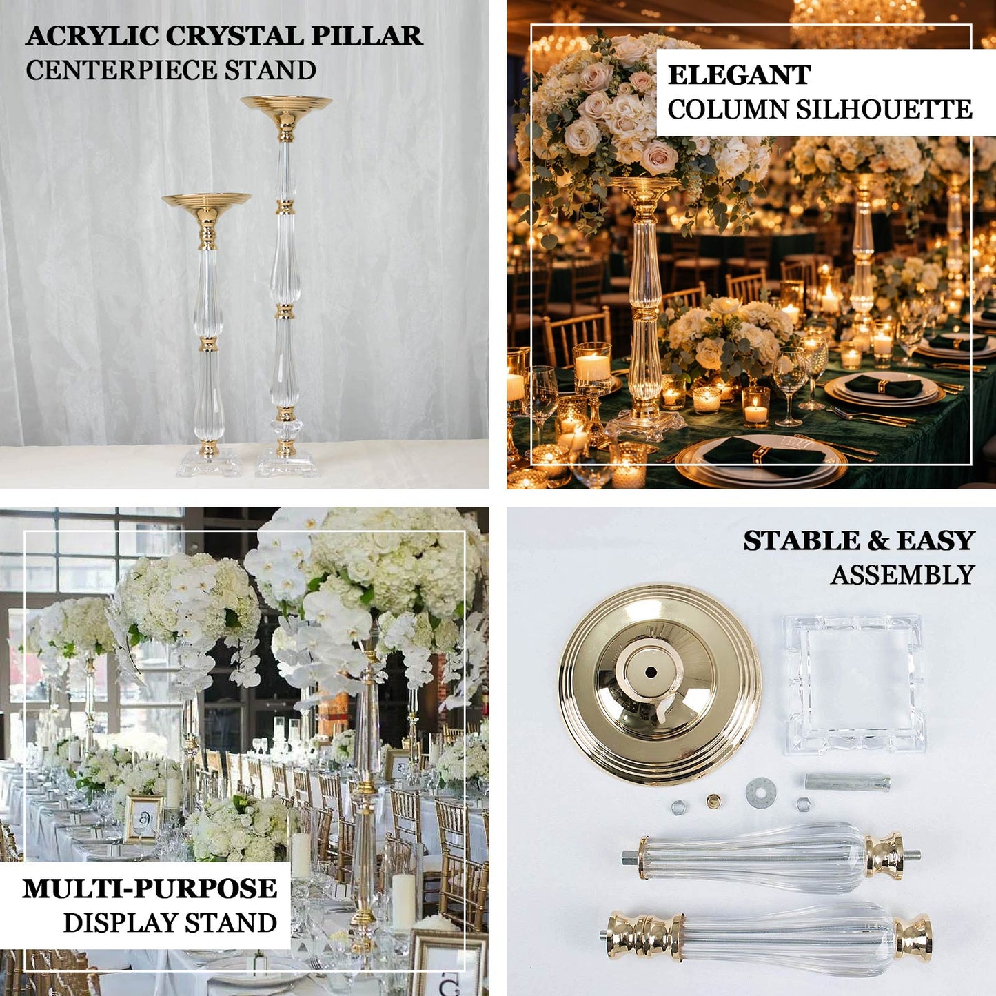 Gold acrylic crystal pillar candle stand centerpiece for weddings and events.