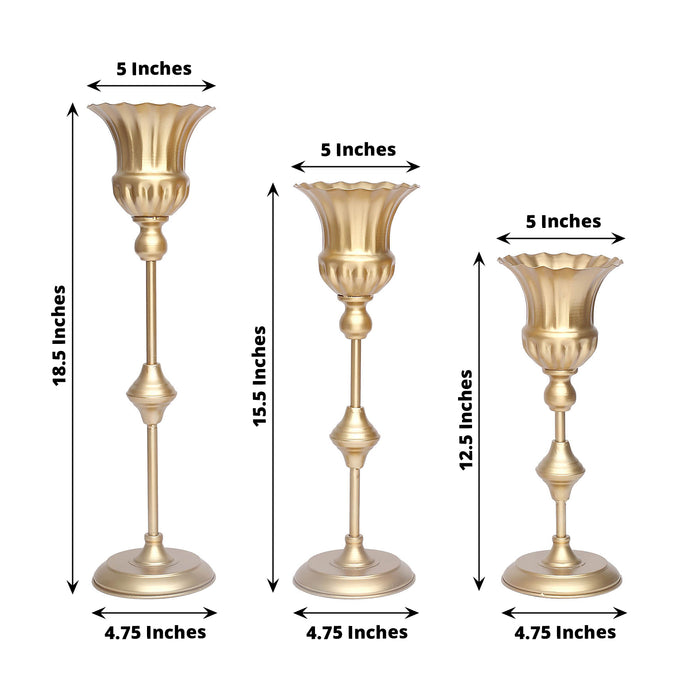 Set of 3 | Metallic Gold Vintage Style Flute Table Vases, Trumpet Flower Centerpiece Stands - 13",16",19"