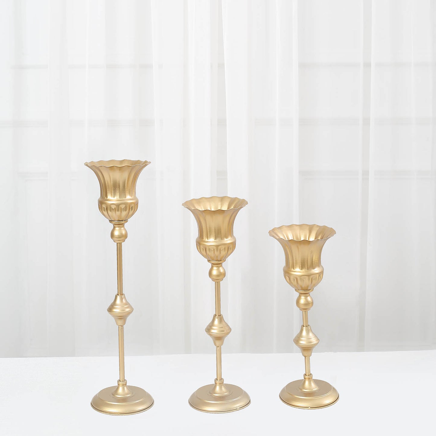 Set of 3 | Metallic Gold Trumpet Flower Vase Centerpieces, Flute Table Decorative Stands