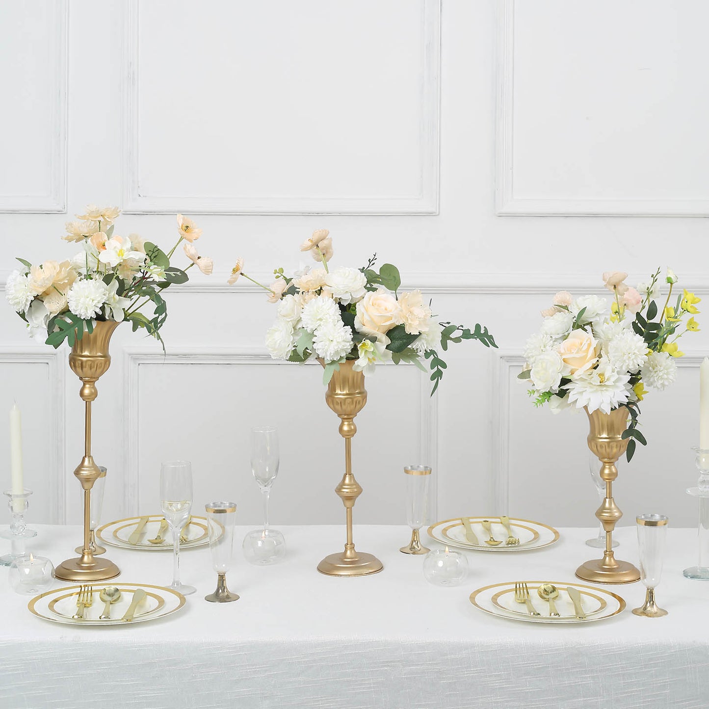 Set of 3 | Metallic Gold Trumpet Flower Vase Centerpieces, Flute Table Decorative Stands