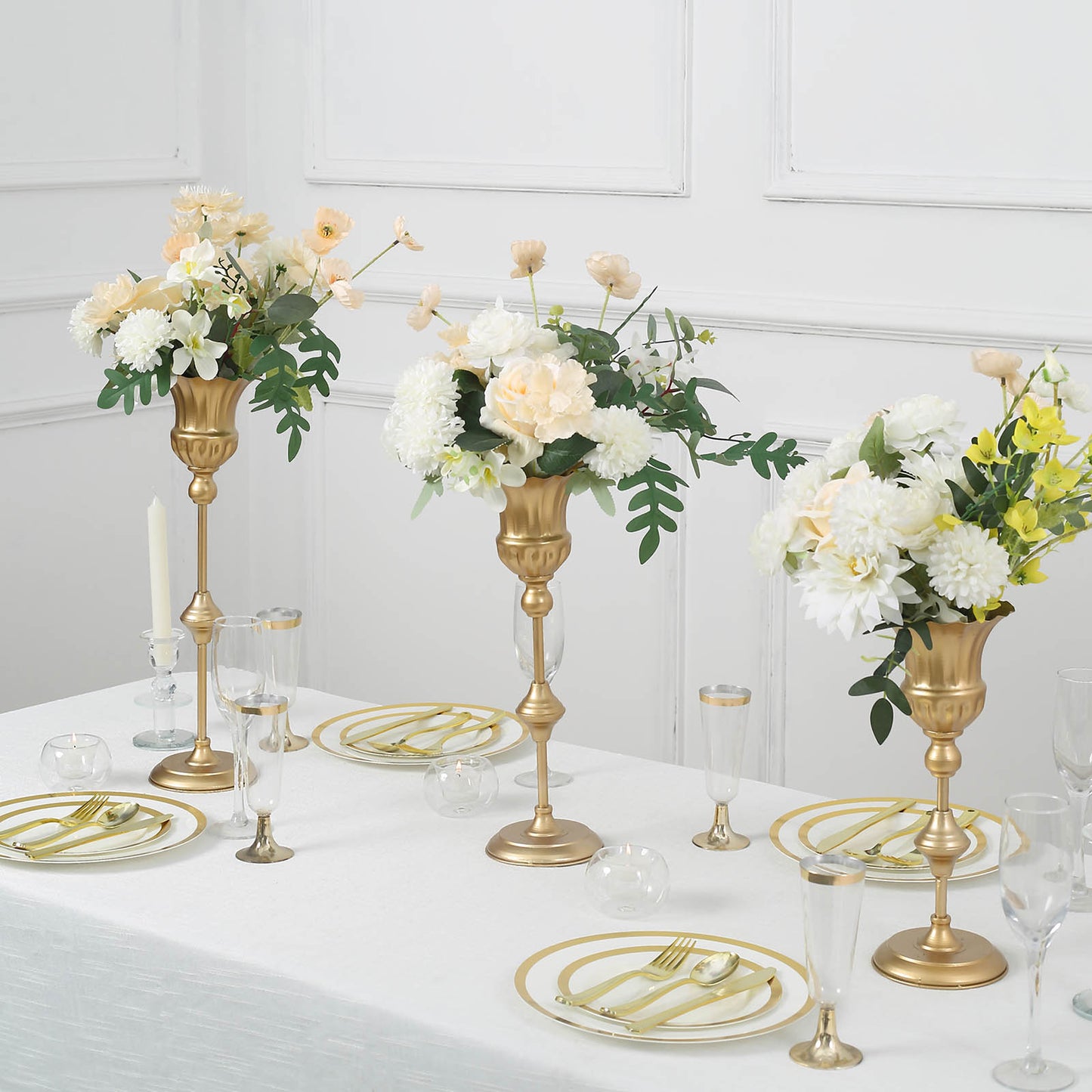 Set of 3 | Metallic Gold Vintage Style Flute Table Vases, Trumpet Flower Centerpiece Stands - 13",16",19"
