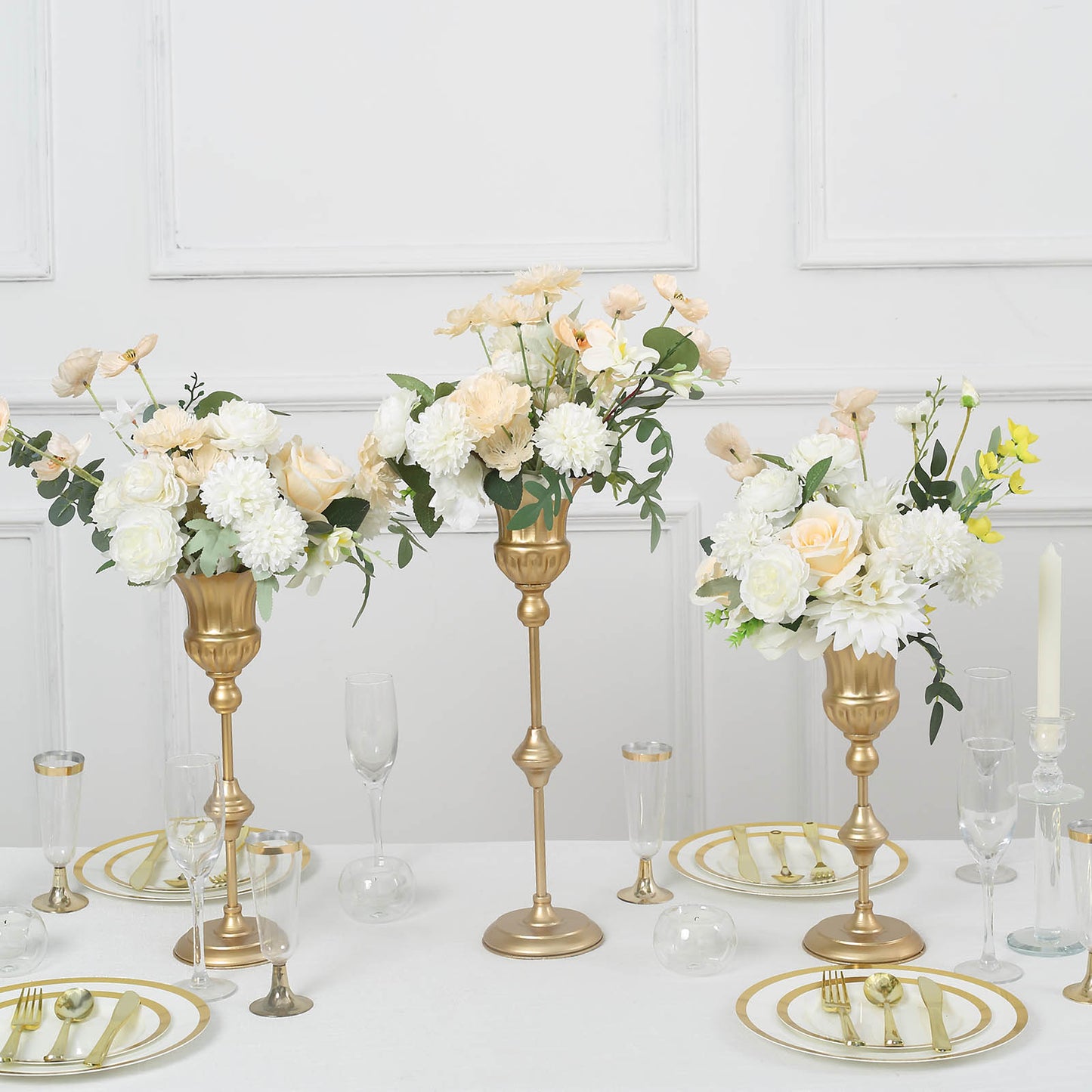 Set of 3 | Metallic Gold Vintage Style Flute Table Vases, Trumpet Flower Centerpiece Stands - 13",16",19"
