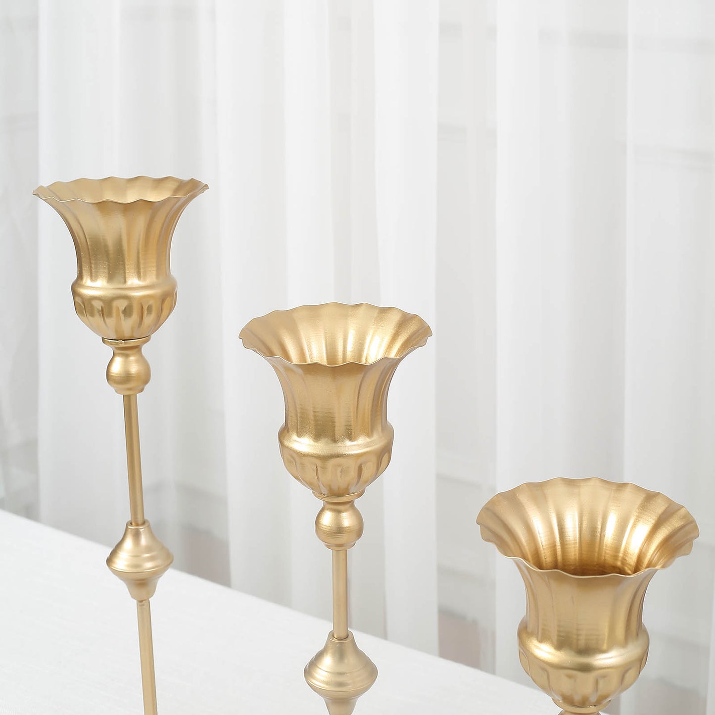 Set of 3 | Metallic Gold Vintage Style Flute Table Vases, Trumpet Flower Centerpiece Stands - 13",16",19"