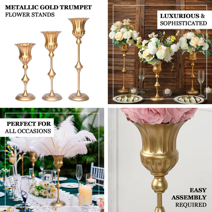 Set of 3 | Metallic Gold Vintage Style Flute Table Vases, Trumpet Flower Centerpiece Stands - 13",16",19"